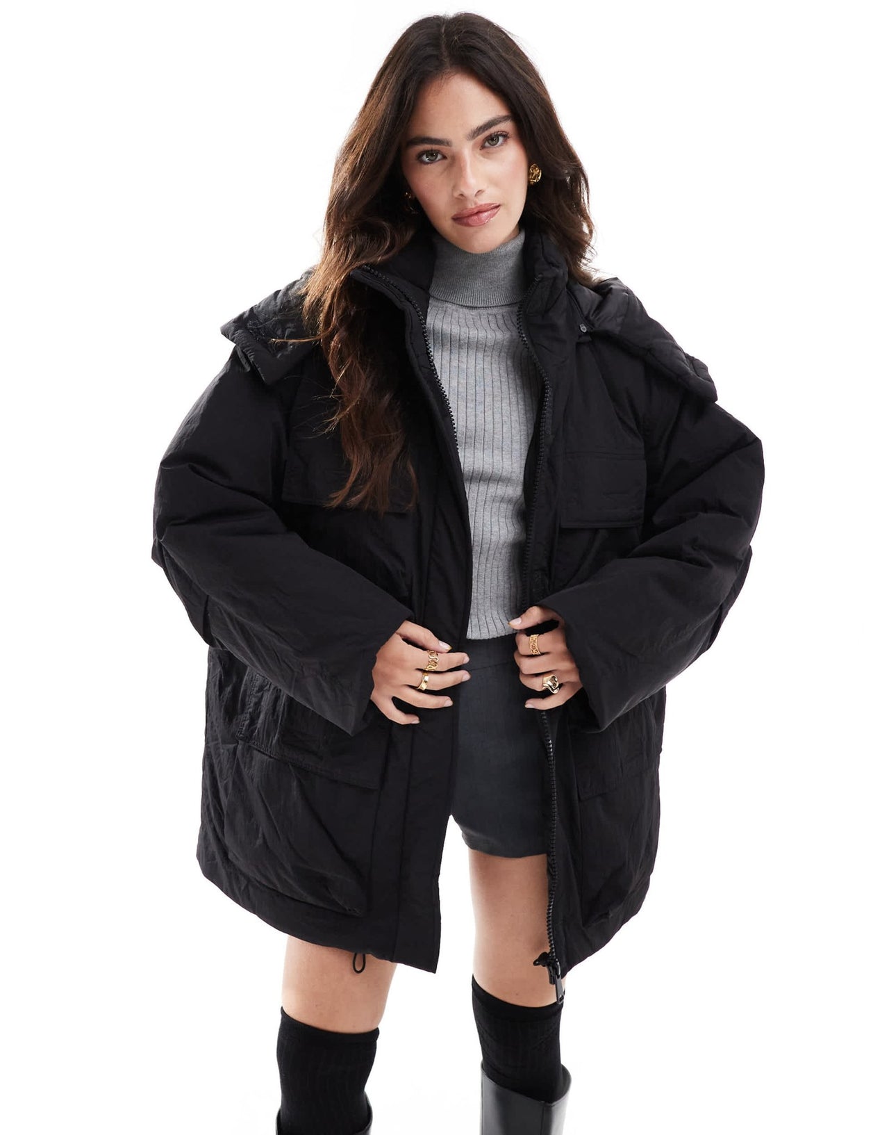 Stradivarius STR multi pocket puffer jacket in black - ASOS Sample Sale EU Store