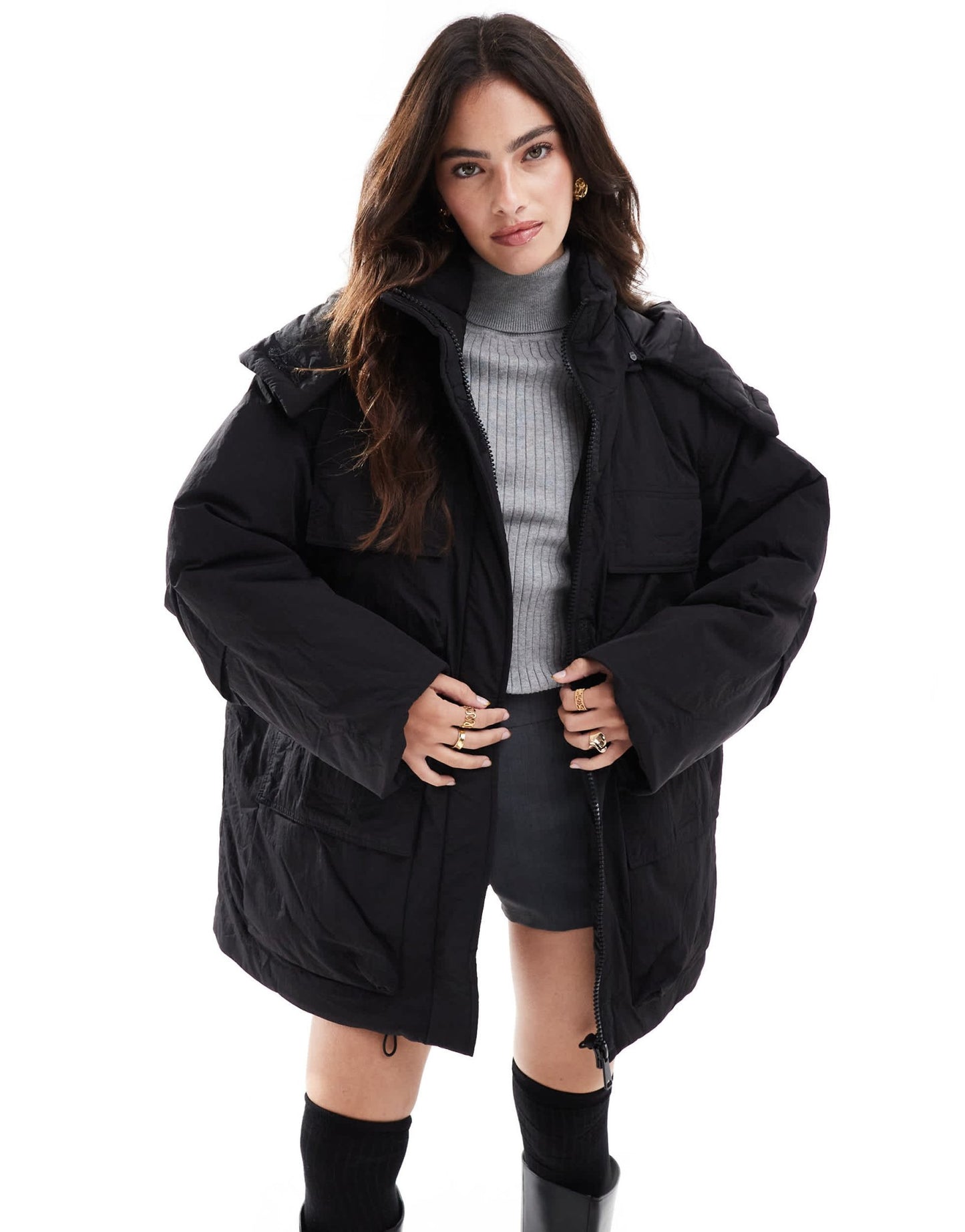 Stradivarius STR multi pocket puffer jacket in black - ASOS Sample Sale EU Store
