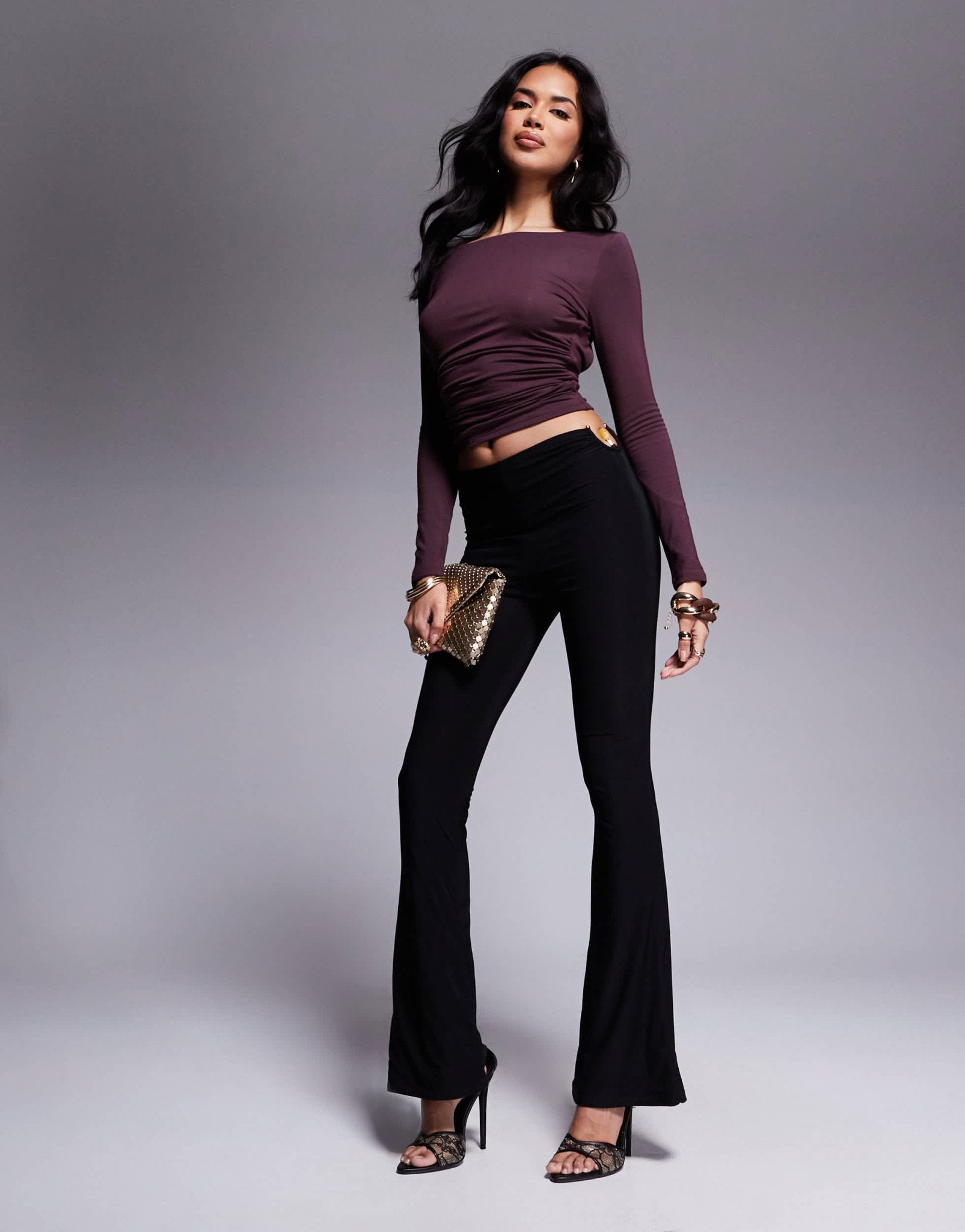 TALA 365 ruched long sleeve open back top in wine - BURGUNDY - ASOS Sample Sale EU Store