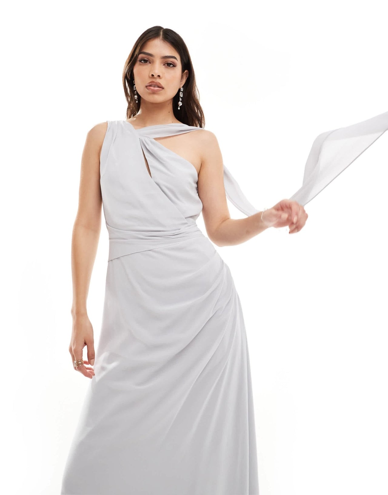 TFNC Bridesmaid chiffon one shoulder drape maxi dress in silver - ASOS Sample Sale EU Store