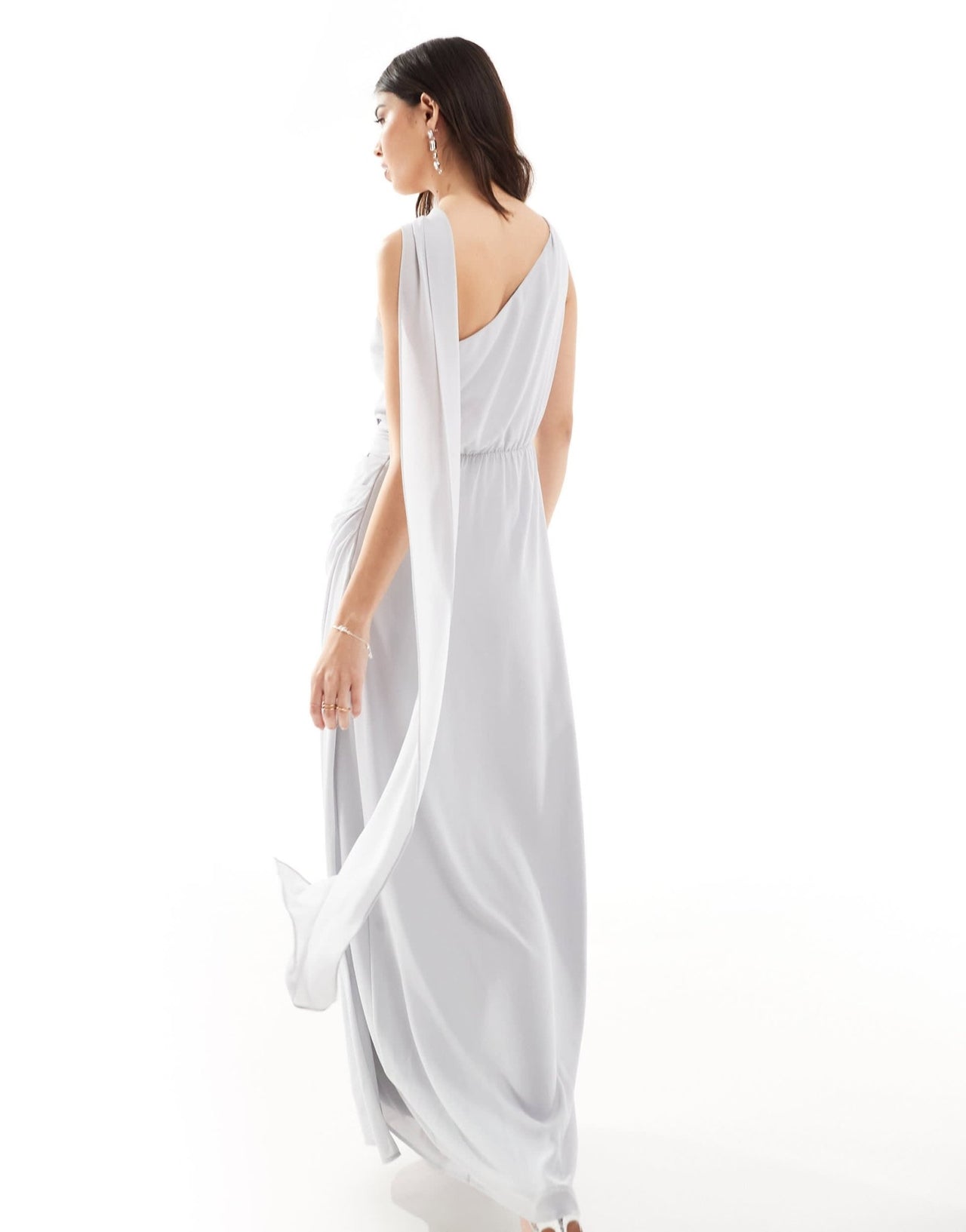 TFNC Bridesmaid chiffon one shoulder drape maxi dress in silver - ASOS Sample Sale EU Store