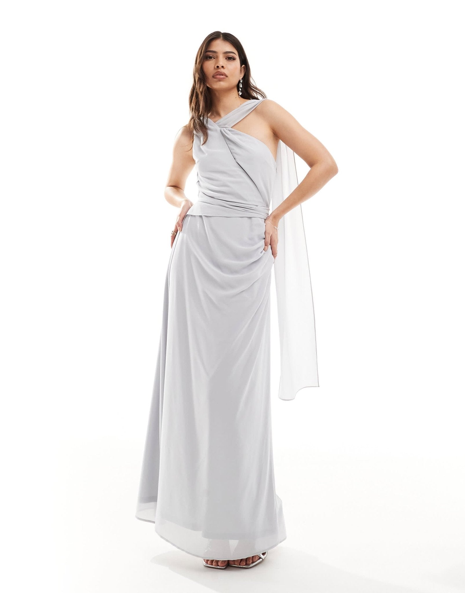 TFNC Bridesmaid chiffon one shoulder drape maxi dress in silver - ASOS Sample Sale EU Store