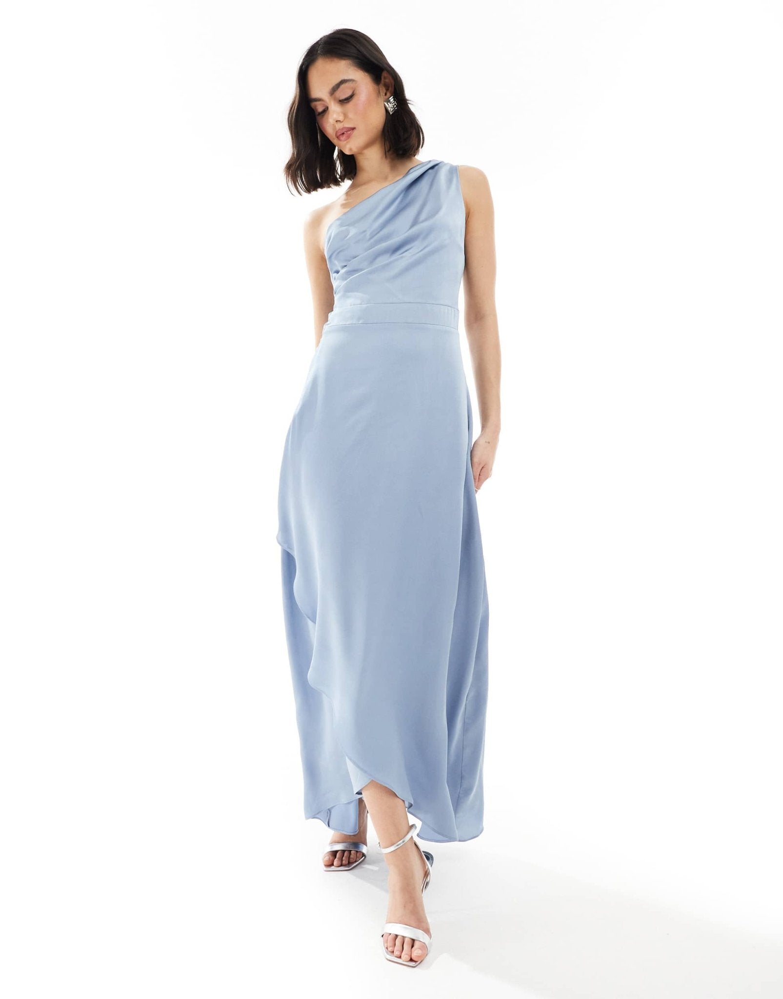 TFNC Bridesmaid one shoulder satin maxi dress with wrap skirt in dusty blue - ASOS Sample Sale EU Store