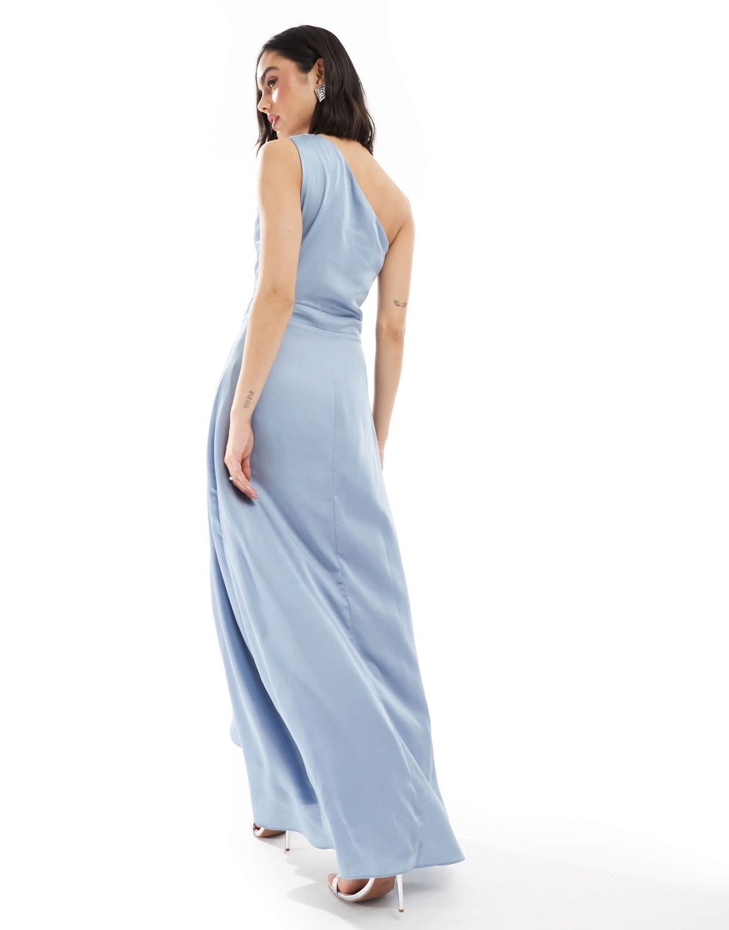 TFNC Bridesmaid one shoulder satin maxi dress with wrap skirt in dusty blue - ASOS Sample Sale EU Store