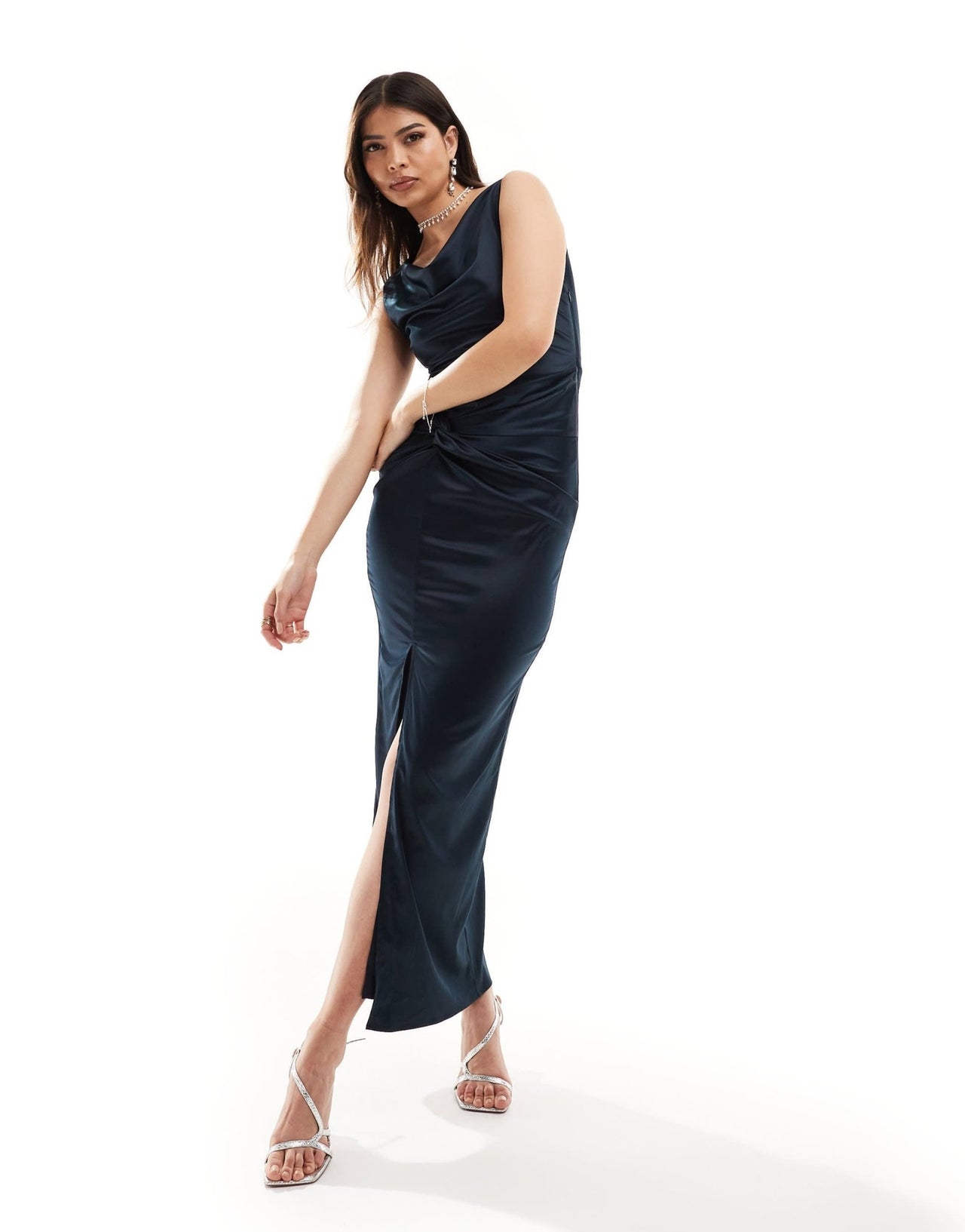 TFNC Bridesmaid satin cowl neck maxi with twist detail dress in navy - ASOS Sample Sale EU Store