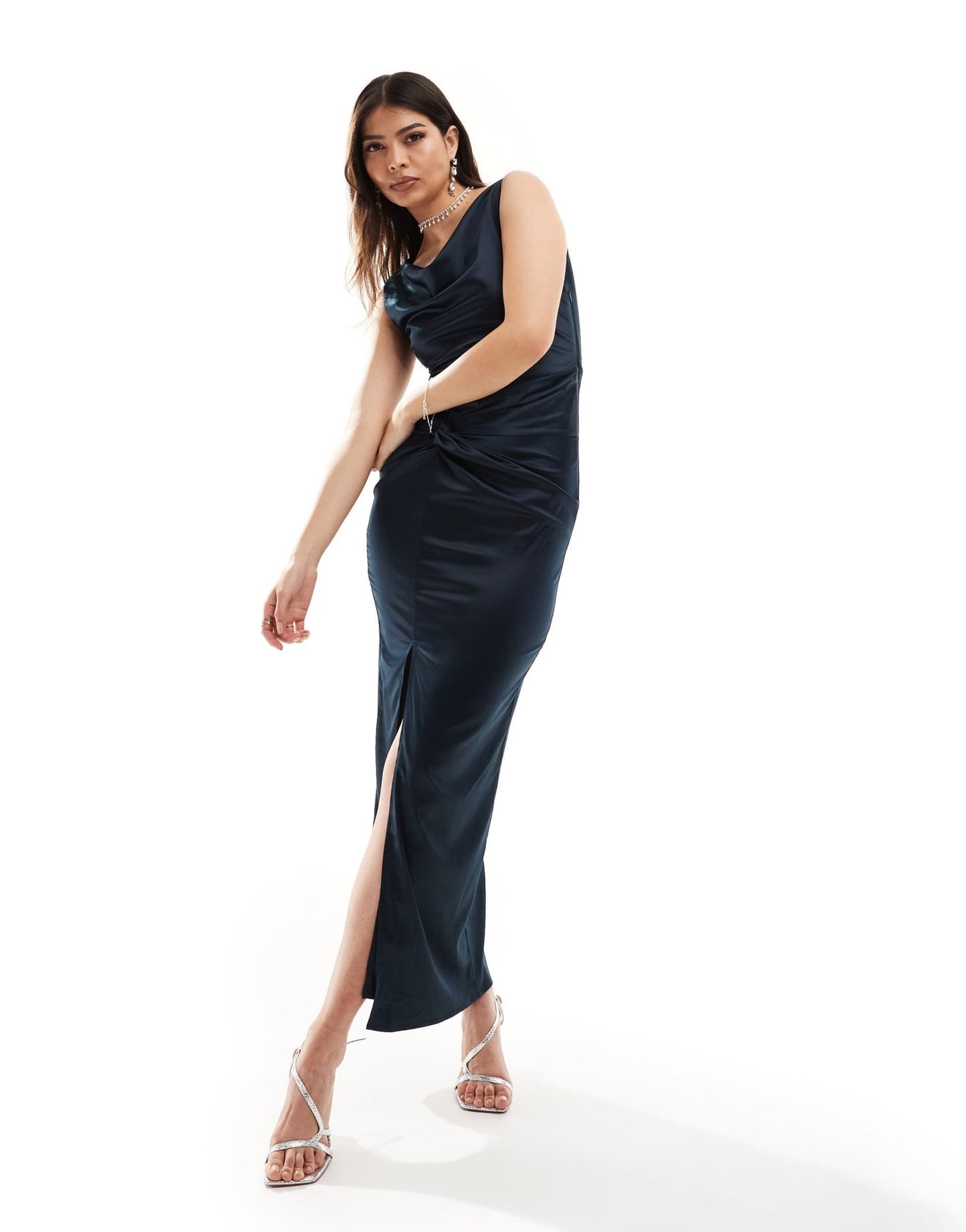 TFNC Bridesmaid satin cowl neck maxi with twist detail dress in navy - ASOS Sample Sale EU Store