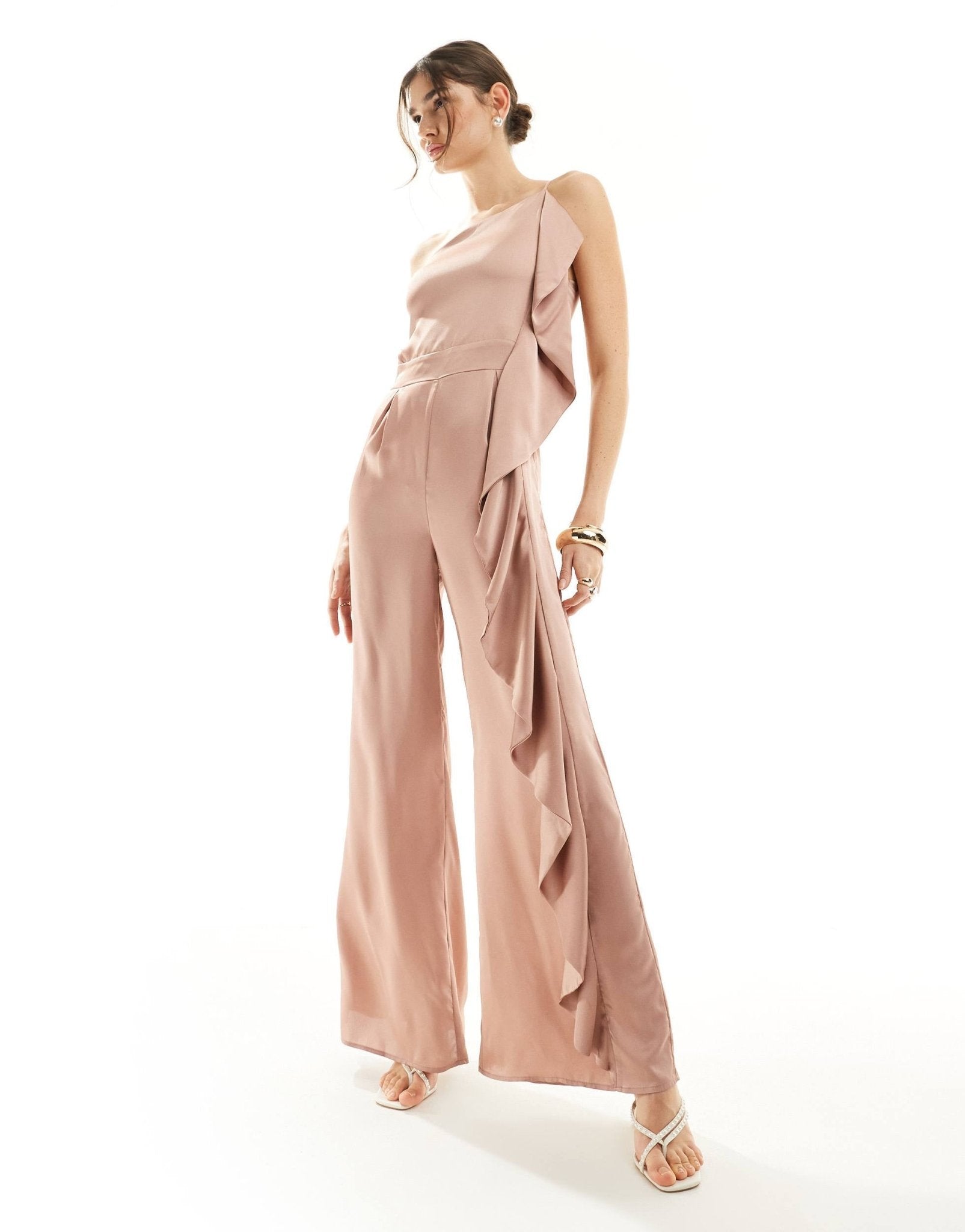 TFNC Bridesmaid satin one shoulder jumpsuit with frill detail in rose brown - ASOS Sample Sale EU Store