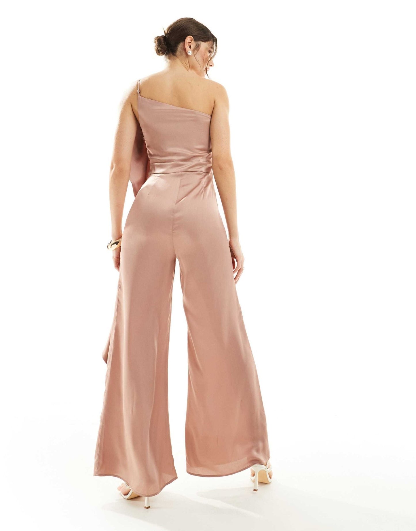 TFNC Bridesmaid satin one shoulder jumpsuit with frill detail in rose brown - ASOS Sample Sale EU Store
