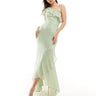 TFNC Bridesmaid satin one shoulder ruffle maxi dress in sage