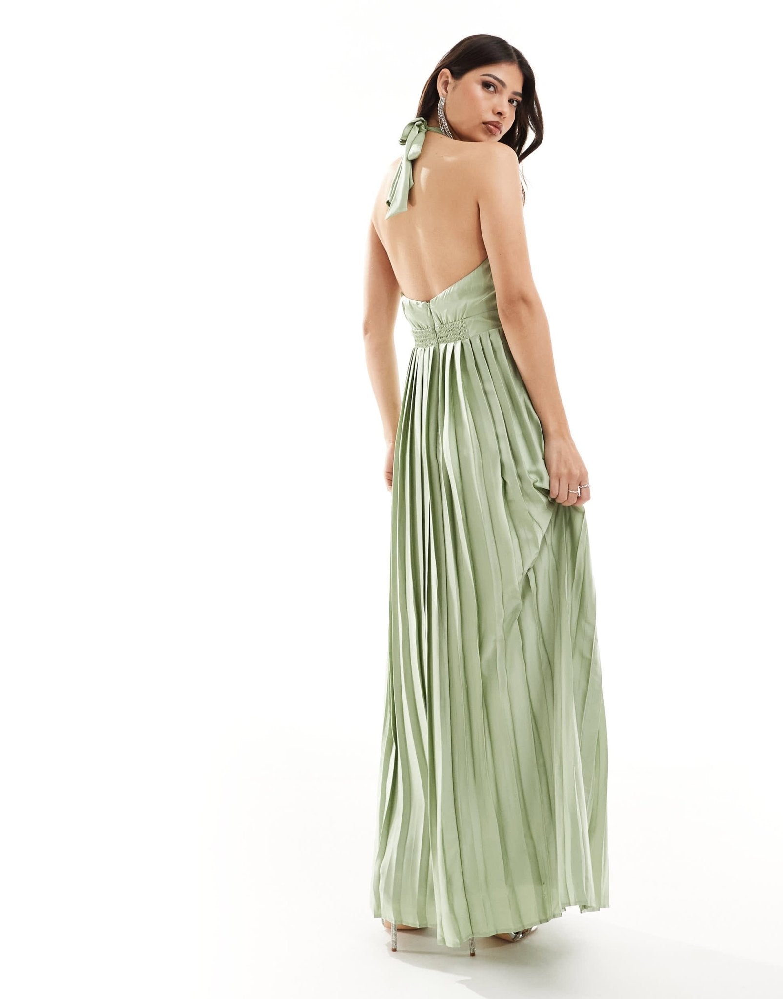 TFNC Bridesmaid satin pleated halter neck maxi dress with full skirt in sage green - ASOS Sample Sale EU Store