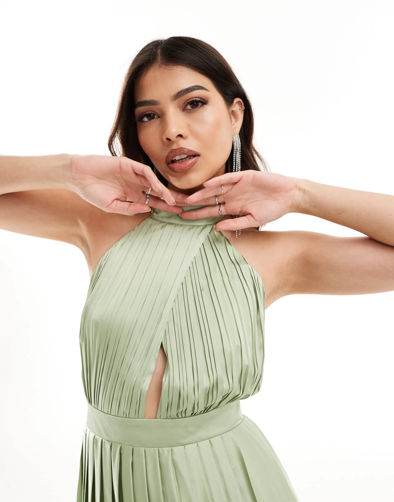 TFNC Bridesmaid satin pleated halter neck maxi dress with full skirt in sage green - ASOS Sample Sale EU Store