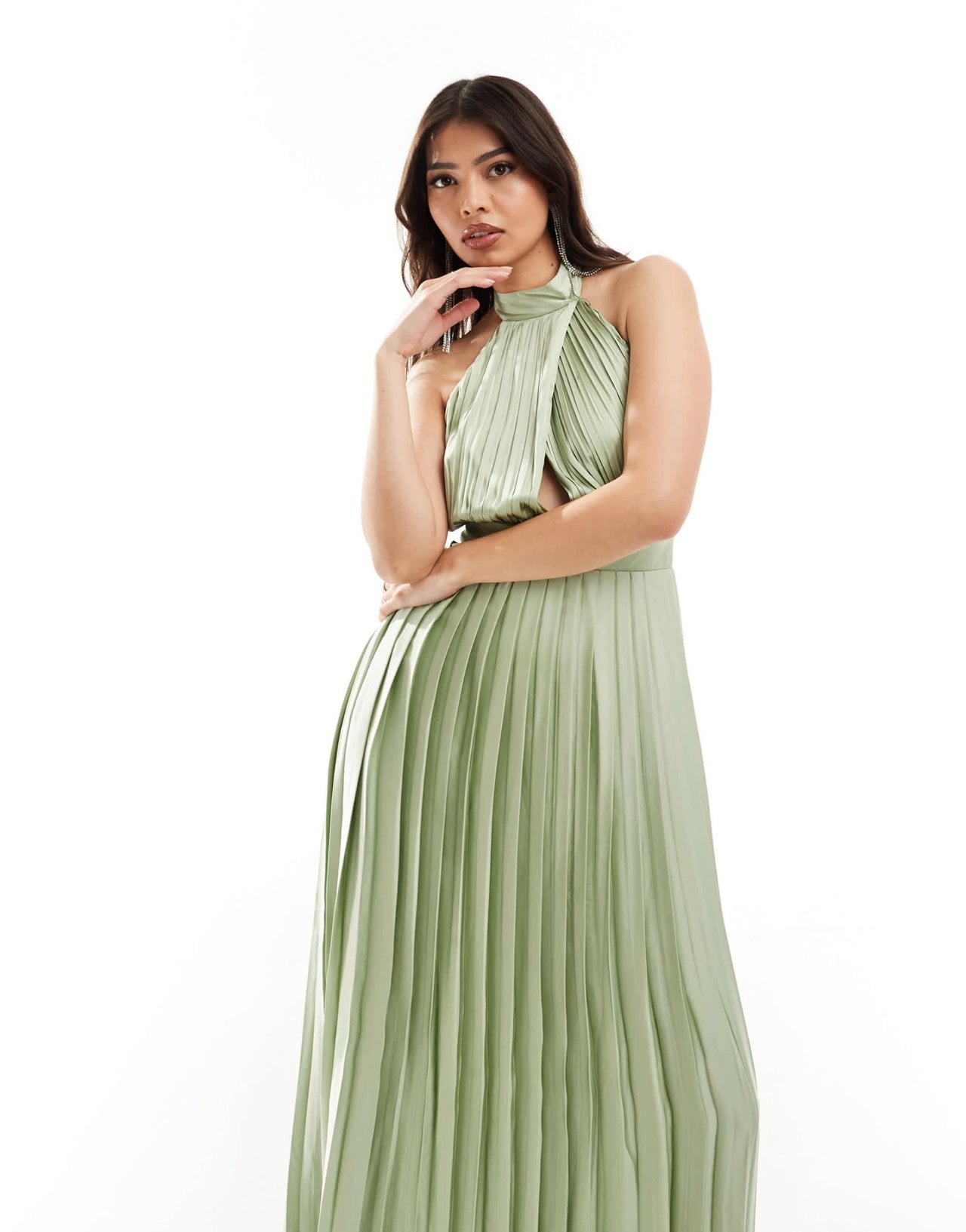 TFNC Bridesmaid satin pleated halter neck maxi dress with full skirt in sage green - ASOS Sample Sale EU Store