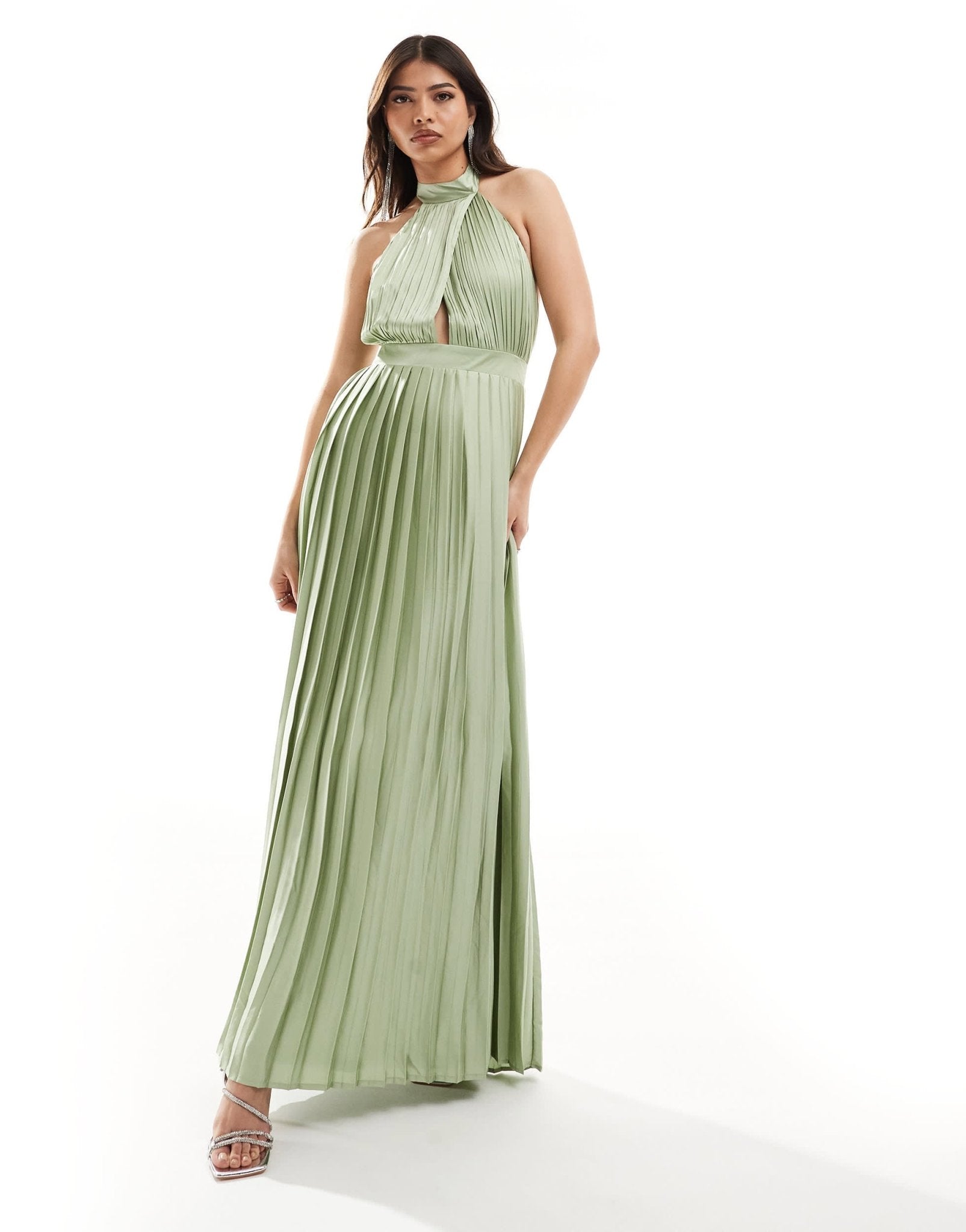 TFNC Bridesmaid satin pleated halter neck maxi dress with full skirt in sage green - ASOS Sample Sale EU Store