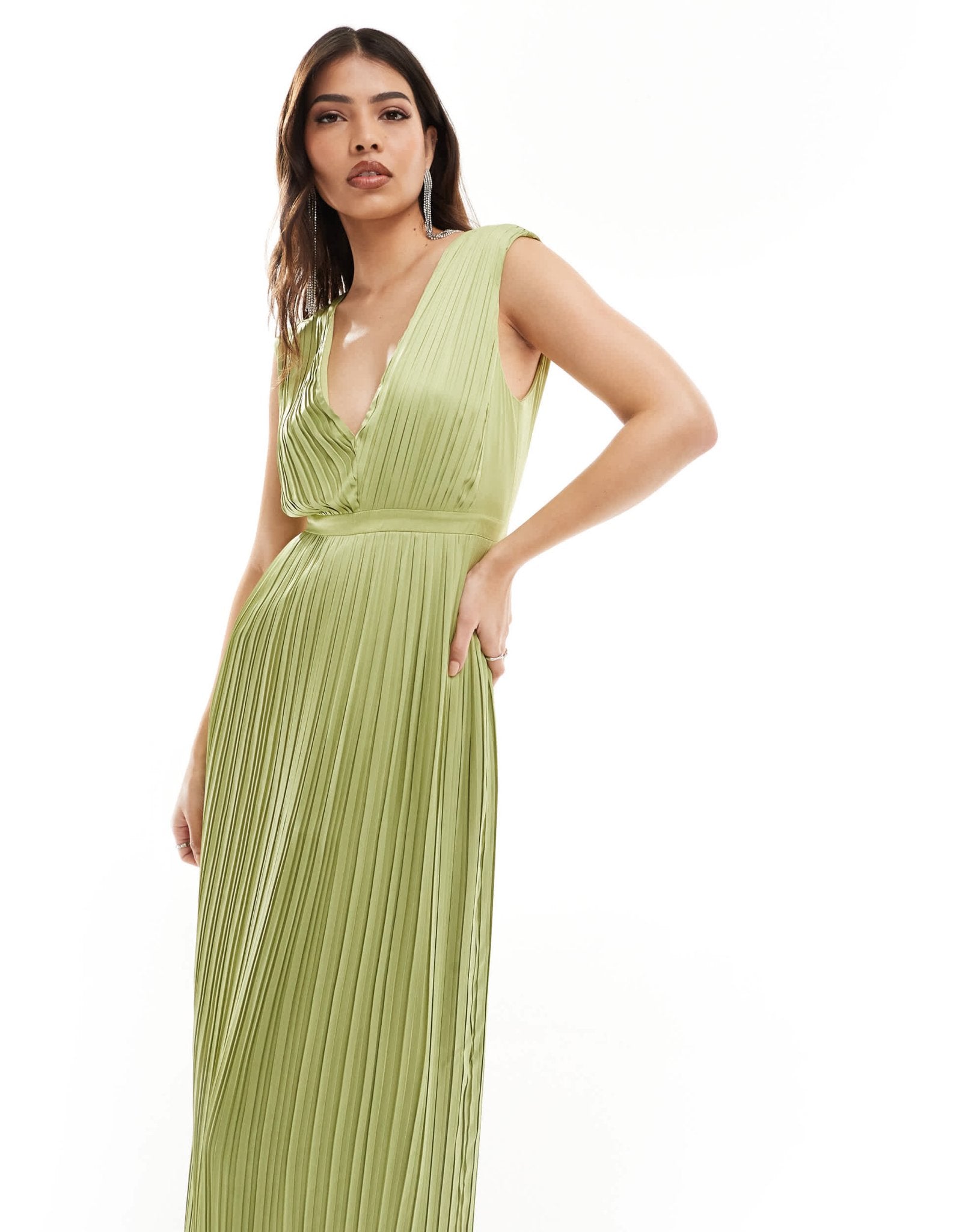 TFNC Bridesmaid satin pleated maxi dress in olive - ASOS Sample Sale EU Store
