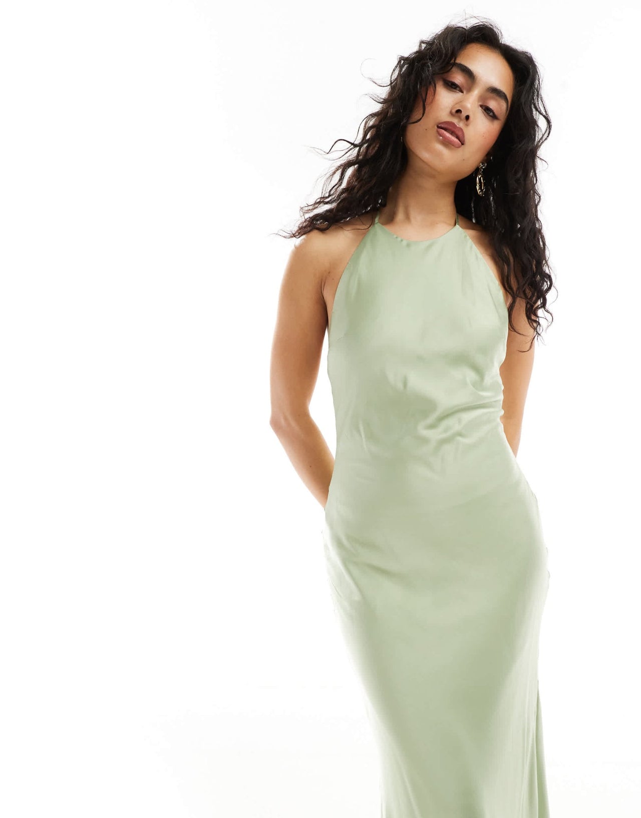 TFNC Bridesmaids satin maxi dress with tie back and button detail in sage - ASOS Sample Sale EU Store