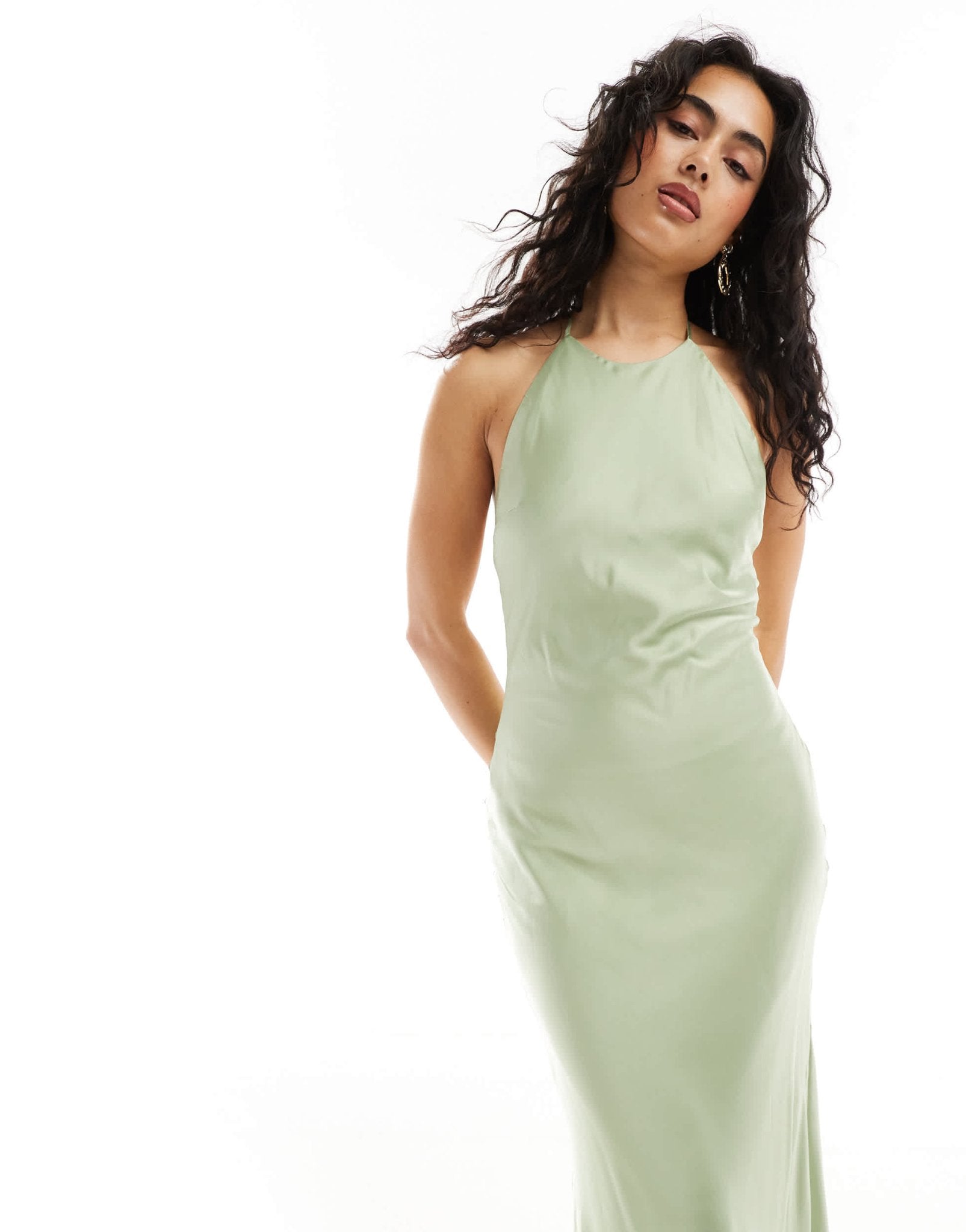 TFNC Bridesmaids satin maxi dress with tie back and button detail in sage - ASOS Sample Sale EU Store