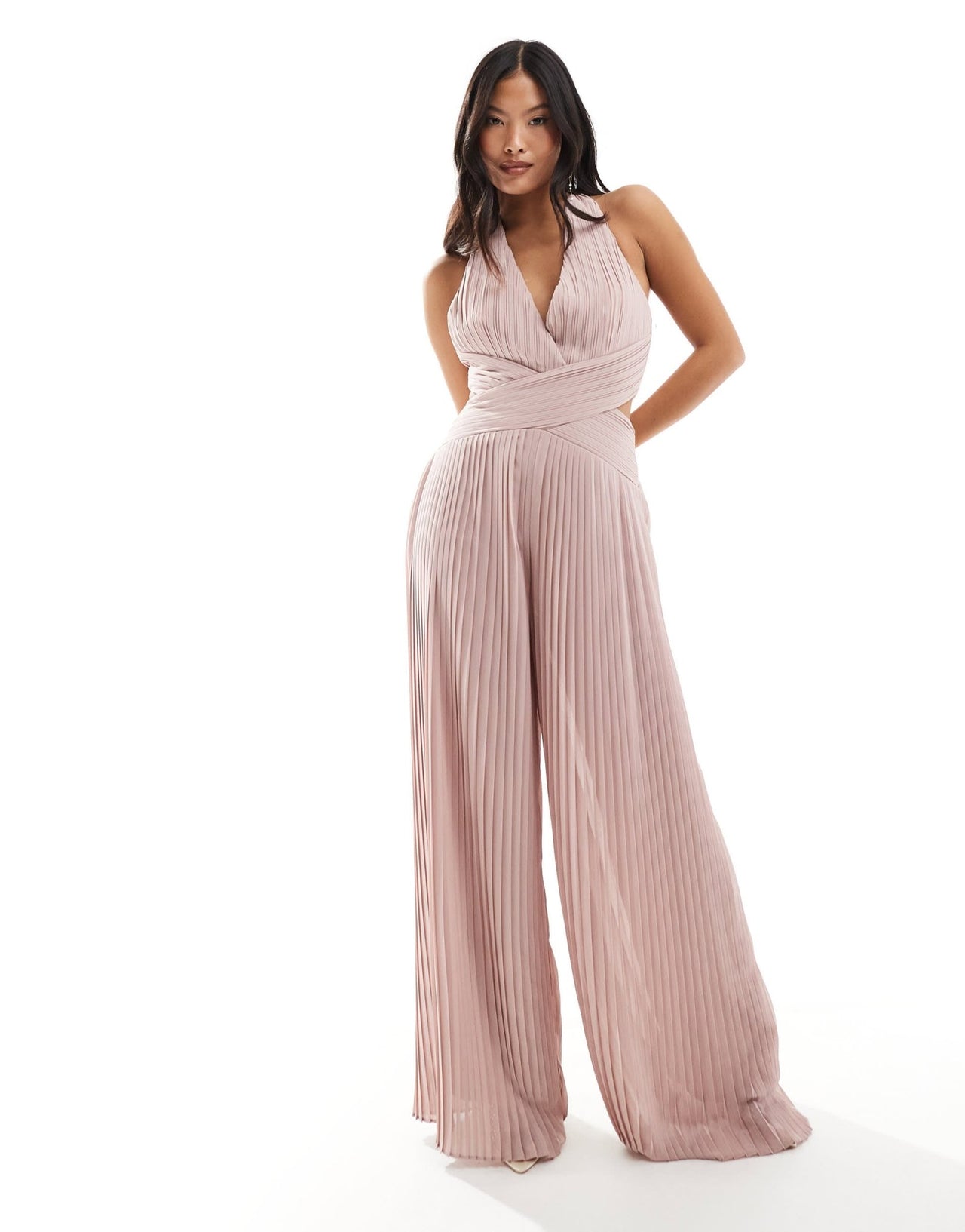 TFNC Petite Bridesmaid chiffon halter neck wide leg jumpsuit in soft pink - ASOS Sample Sale EU Store