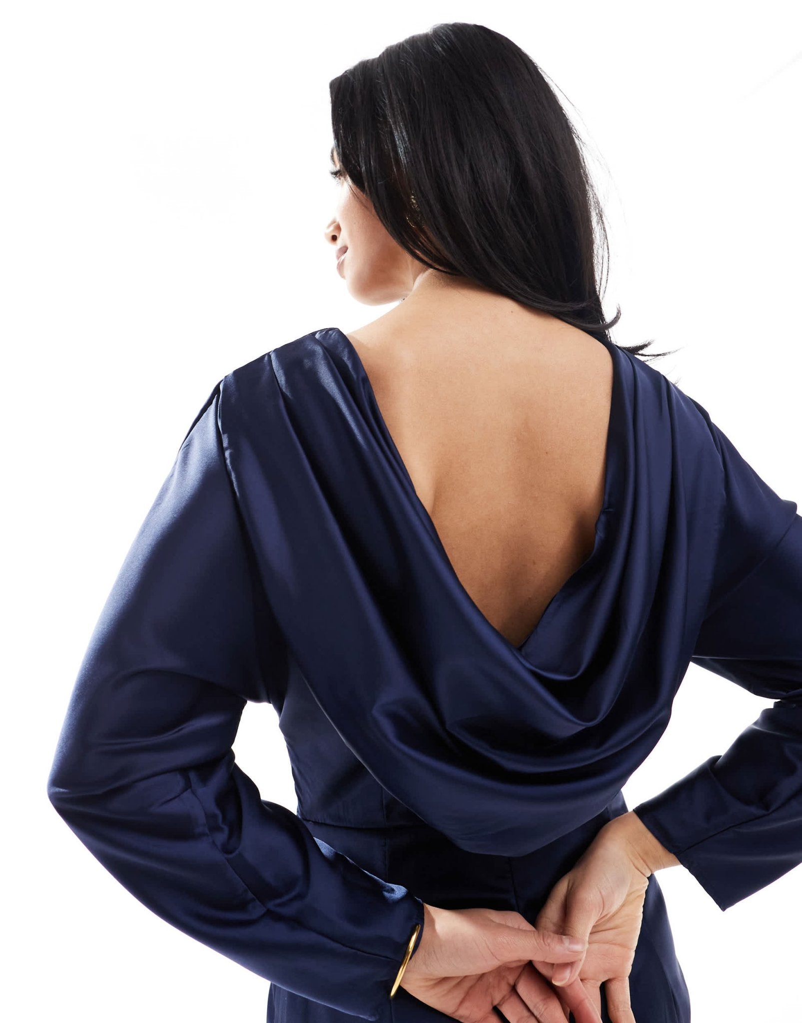 TFNC Petite Bridesmaid long sleeve satin cowl back maxi dress in navy - ASOS Sample Sale EU Store