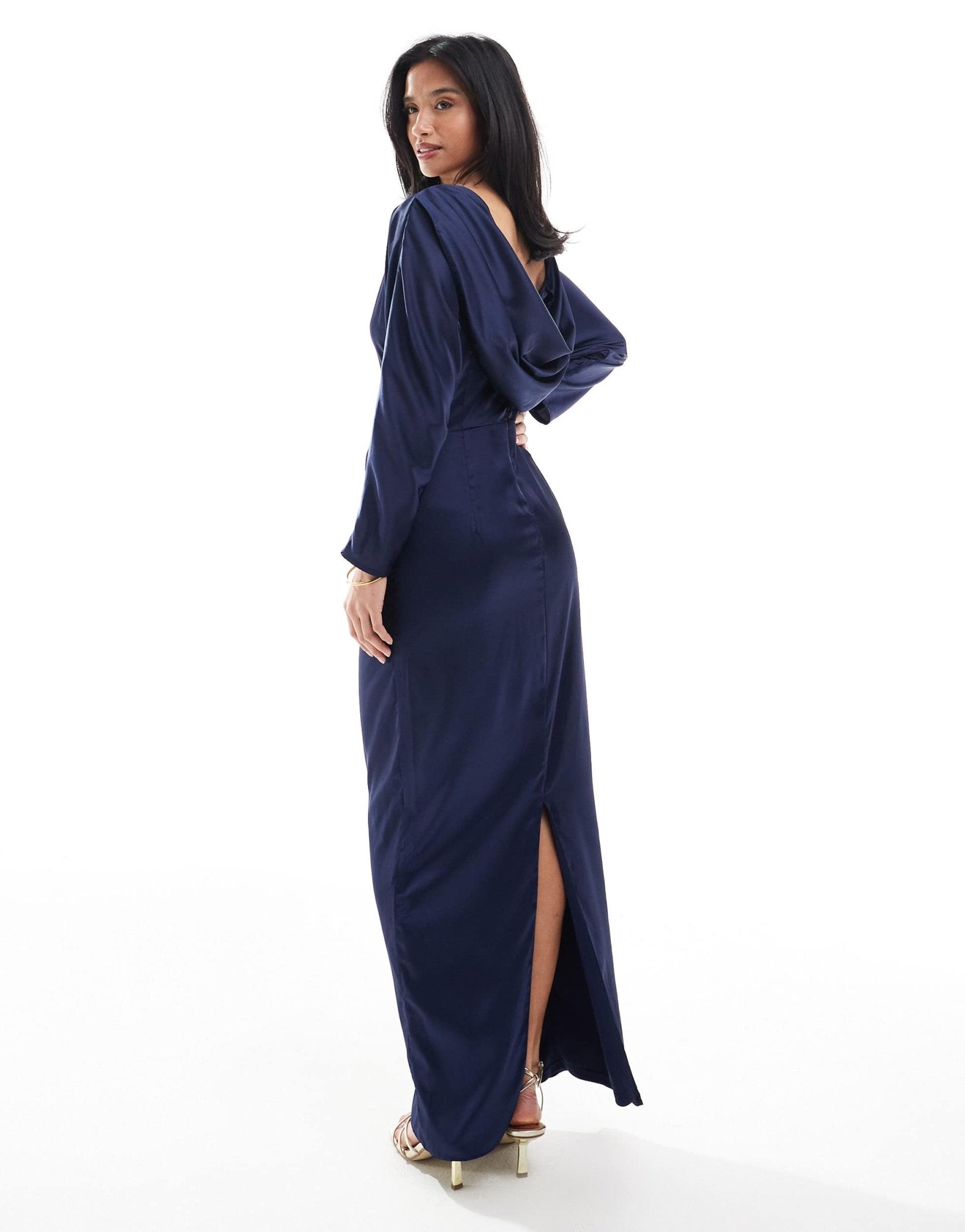 TFNC Petite Bridesmaid long sleeve satin cowl back maxi dress in navy - ASOS Sample Sale EU Store