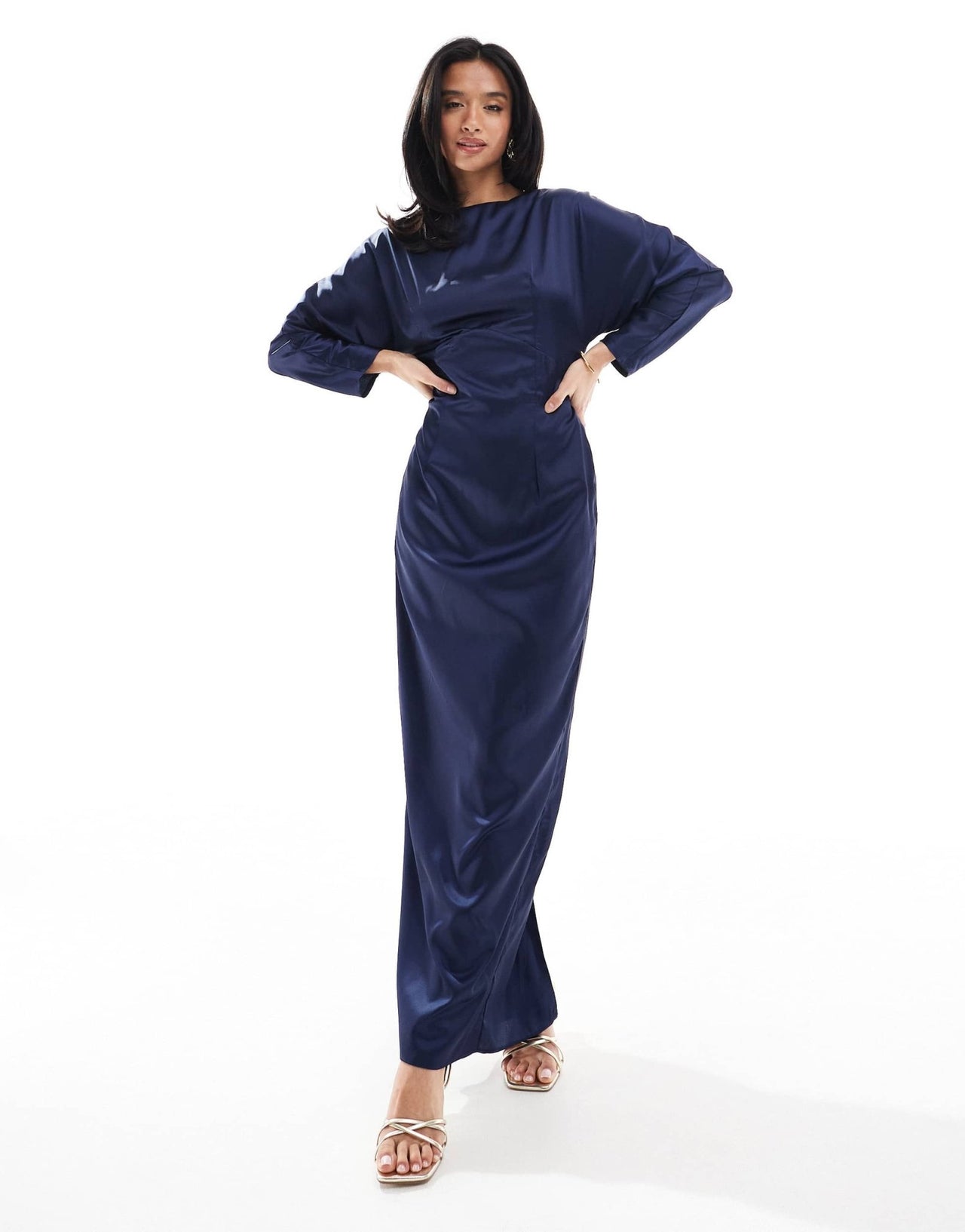 TFNC Petite Bridesmaid long sleeve satin cowl back maxi dress in navy - ASOS Sample Sale EU Store