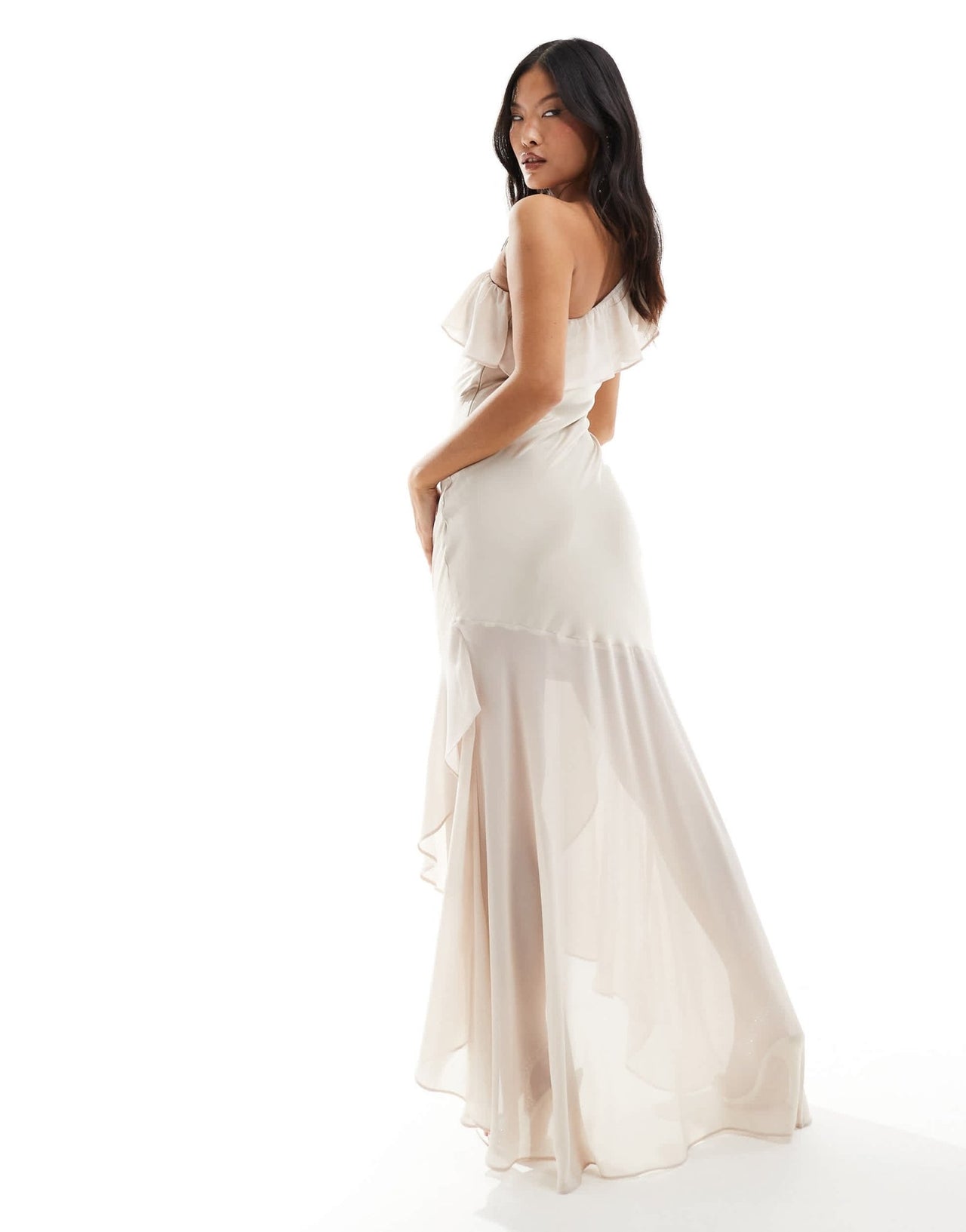 TFNC Petite Bridesmaid satin one shoulder ruffle maxi dress in champagne - ASOS Sample Sale EU Store