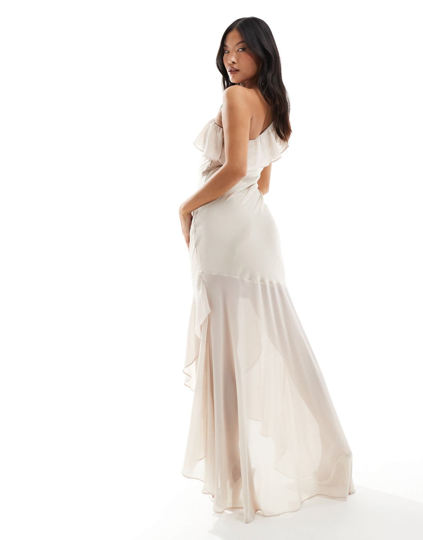TFNC Petite Bridesmaid satin one shoulder ruffle maxi dress in champagne - ASOS Sample Sale EU Store