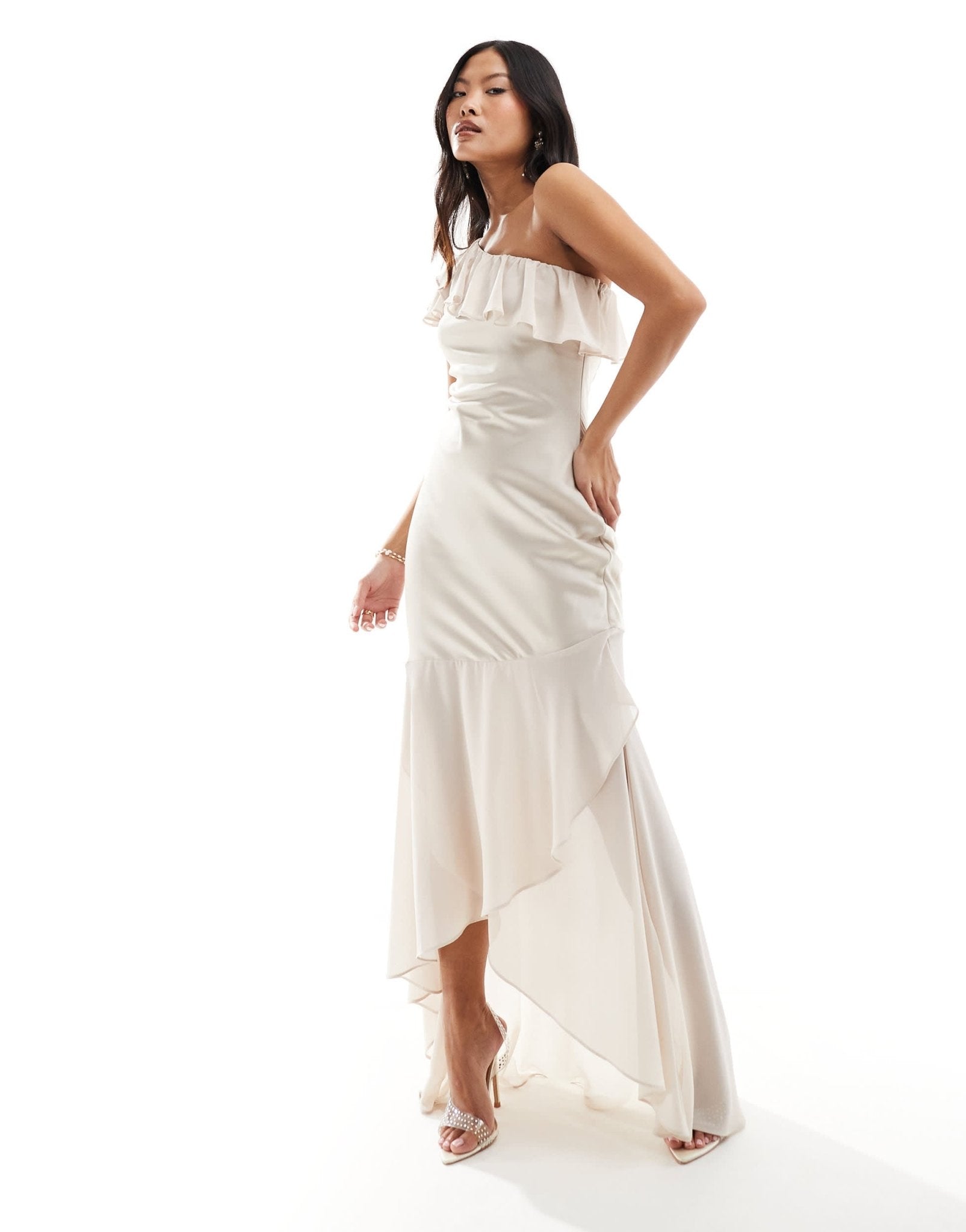 TFNC Petite Bridesmaid satin one shoulder ruffle maxi dress in champagne - ASOS Sample Sale EU Store