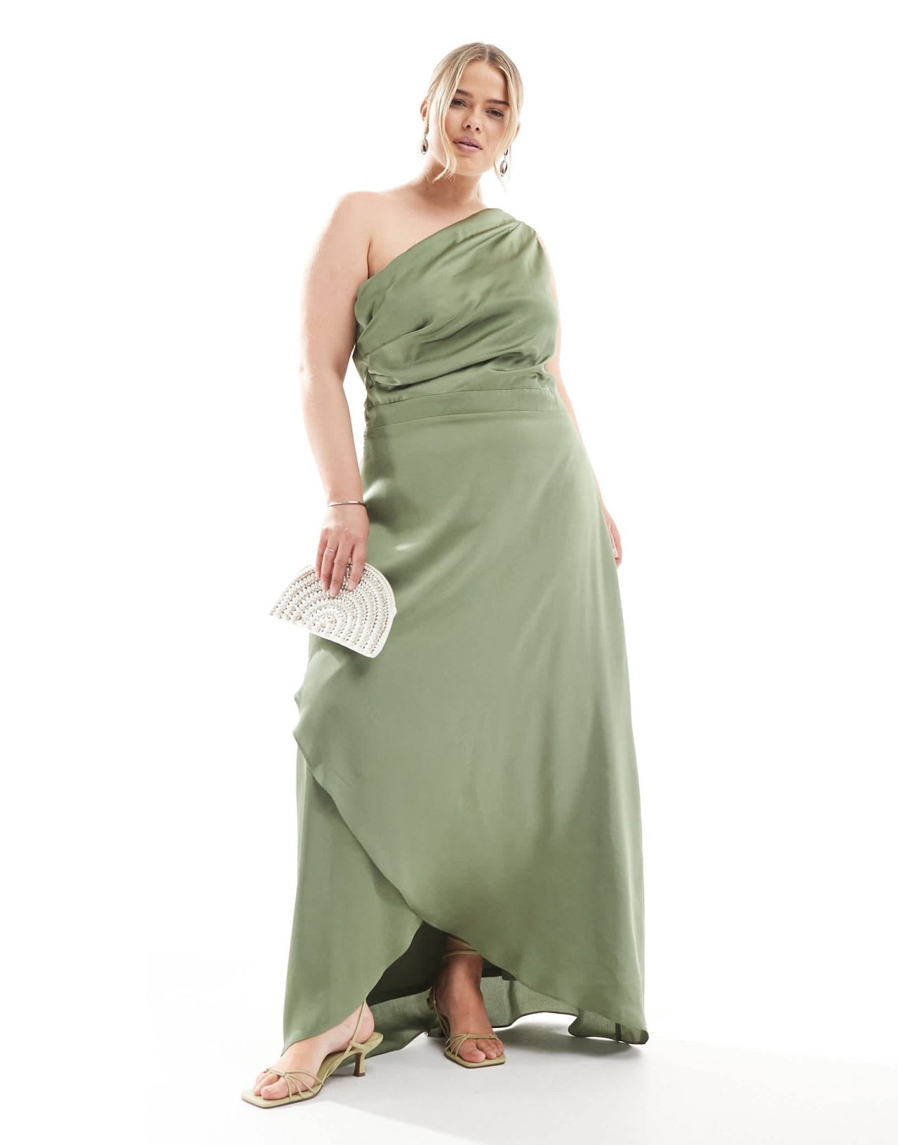 TFNC Plus Bridesmaid one shoulder satin maxi dress with wrap skirt in dark green - ASOS Sample Sale EU Store