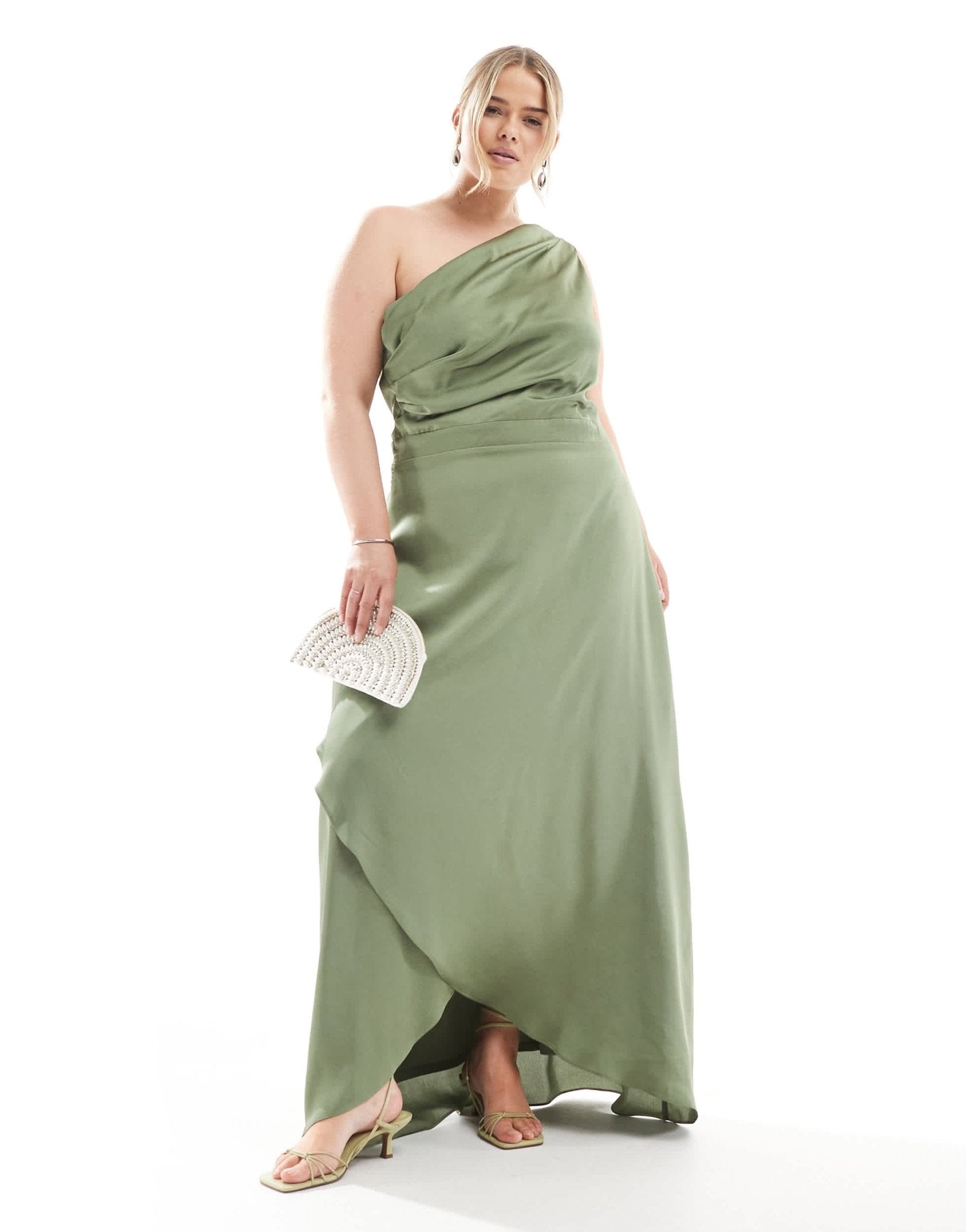 TFNC Plus Bridesmaid one shoulder satin maxi dress with wrap skirt in dark green - ASOS Sample Sale EU Store