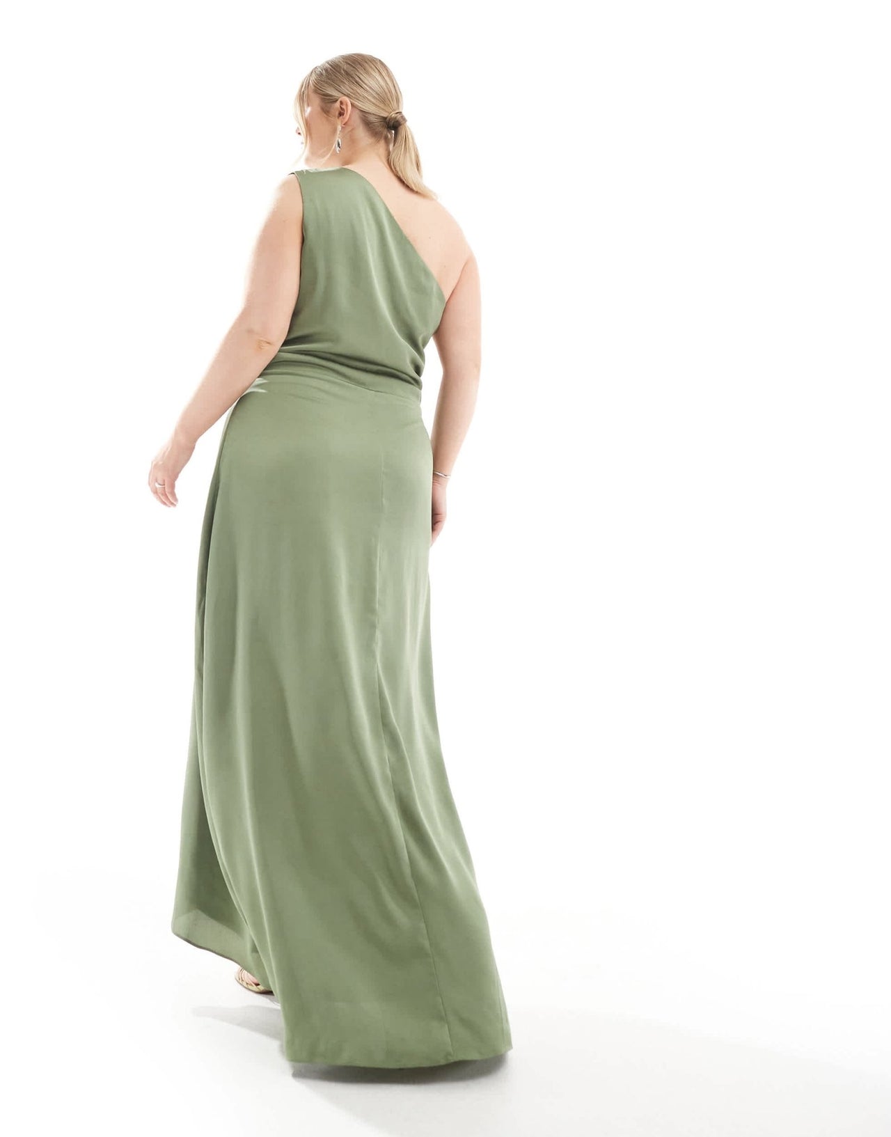 TFNC Plus Bridesmaid one shoulder satin maxi dress with wrap skirt in dark green - ASOS Sample Sale EU Store