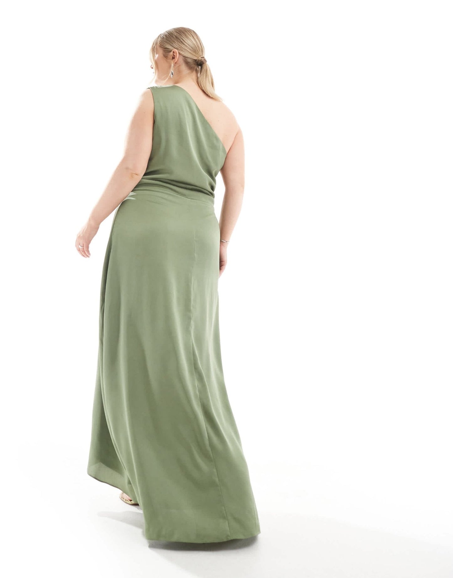 TFNC Plus Bridesmaid one shoulder satin maxi dress with wrap skirt in dark green - ASOS Sample Sale EU Store