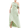 TFNC Plus Bridesmaid satin fallen shoulder maxi dress with wrap skirt in sage