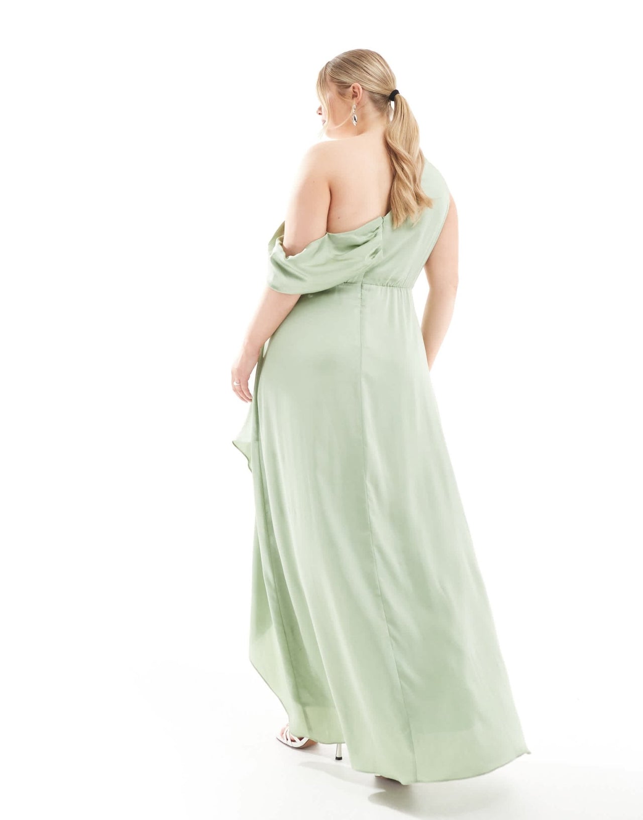 TFNC Plus Bridesmaid satin fallen shoulder maxi dress with wrap skirt in sage - ASOS Sample Sale EU Store