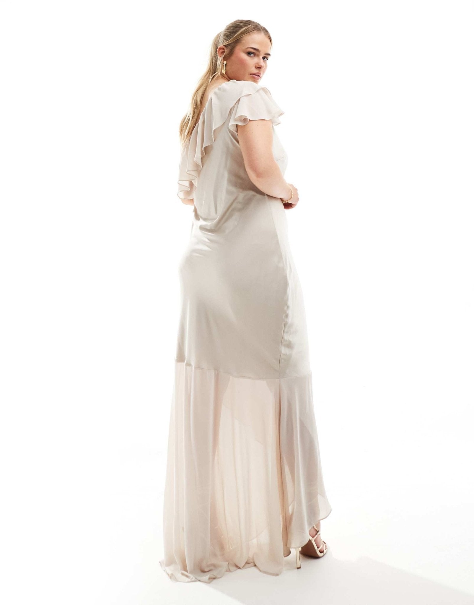 TFNC Plus Bridesmaid satin one shoulder ruffle maxi dress in champagne - ASOS Sample Sale EU Store