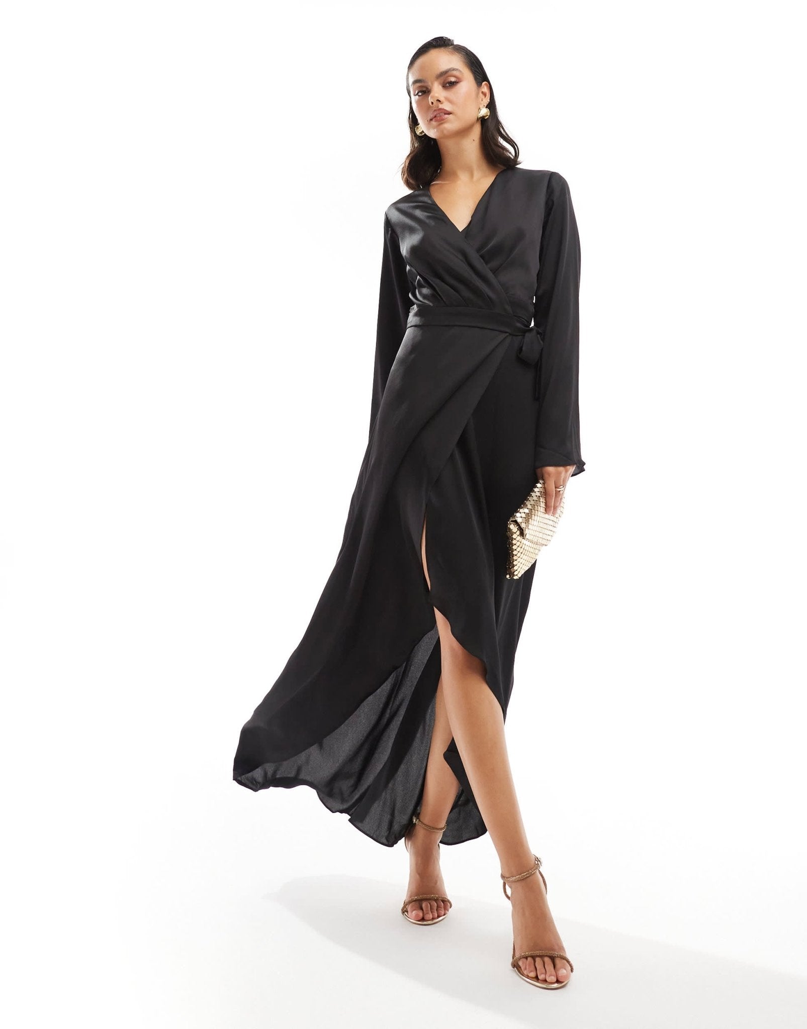 TFNC satin long sleeve wrap maxi dress in black - ASOS Sample Sale EU Store