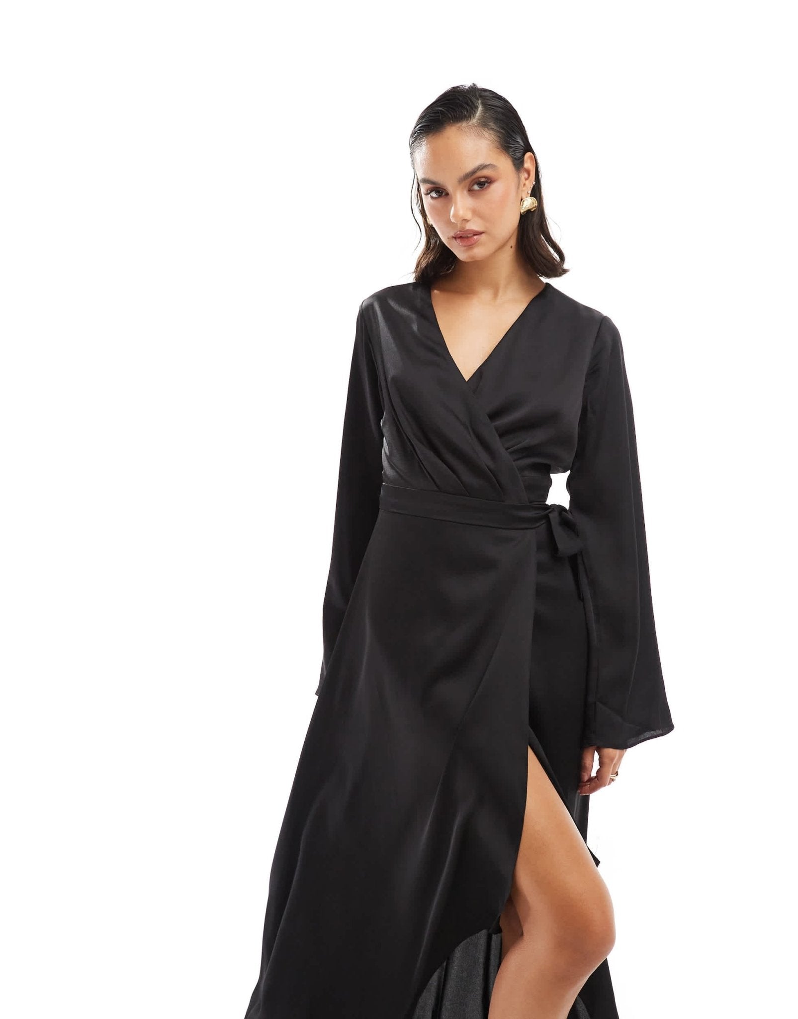 TFNC satin long sleeve wrap maxi dress in black - ASOS Sample Sale EU Store