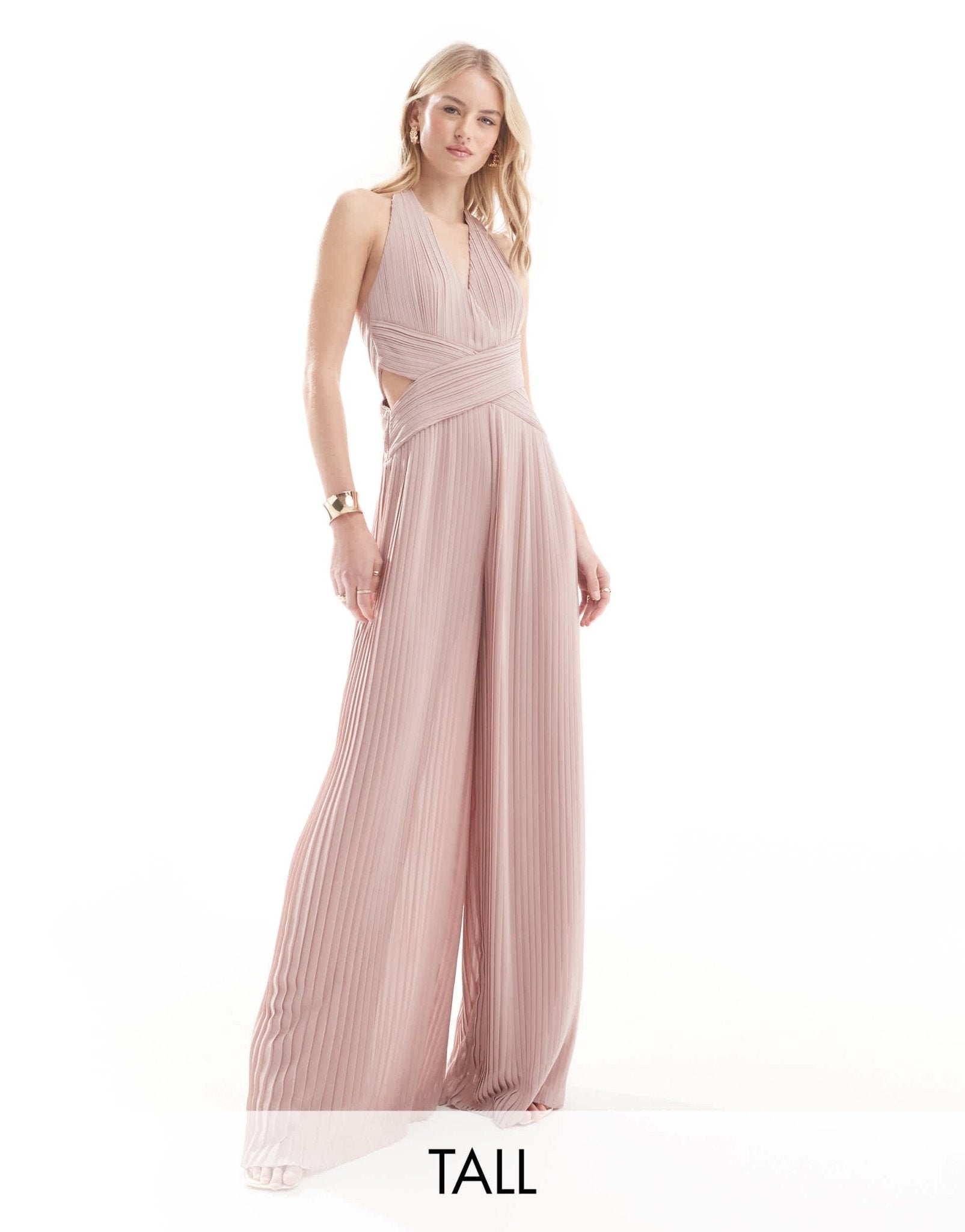 TFNC Tall Bridesmaid chiffon halter neck pleated jumpsuit in soft pink - ASOS Sample Sale EU Store