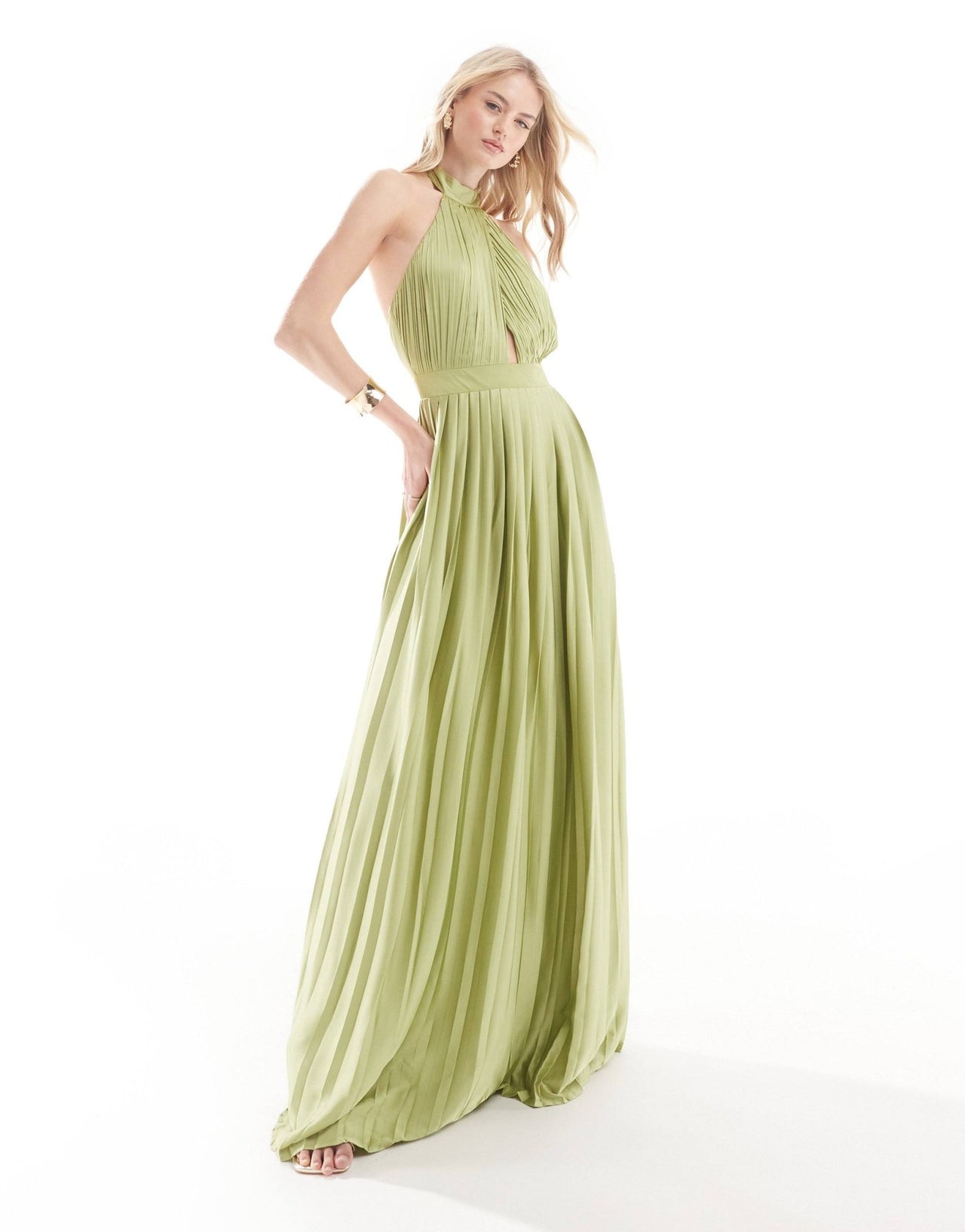 TFNC Tall Bridesmaid satin pleated halterneck maxi dress with full skirt in olive - ASOS Sample Sale EU Store