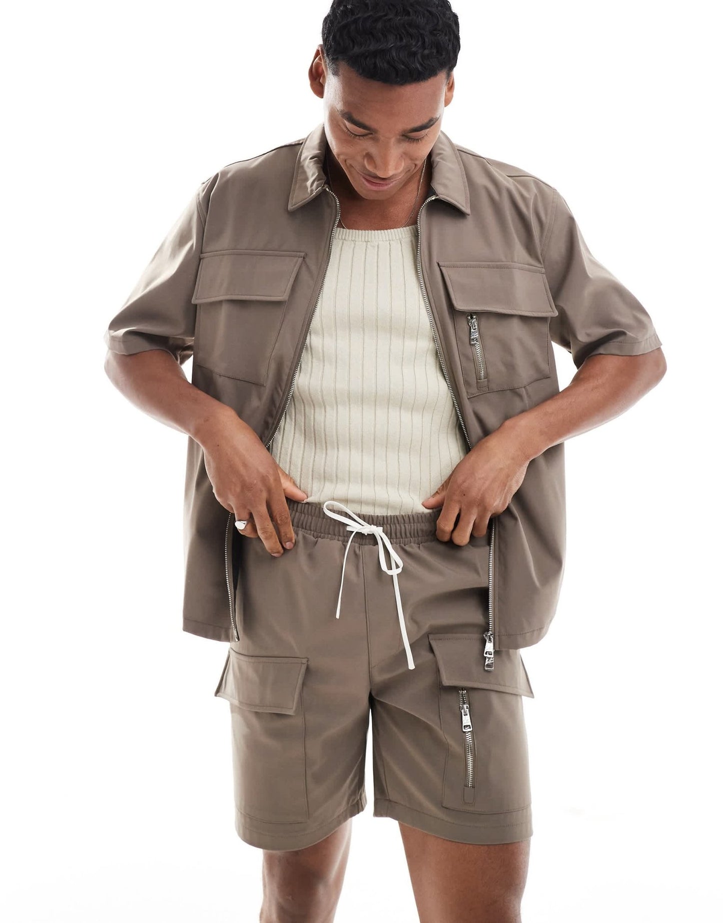 The Couture Club co - ord nylon zip through utility shirt in brown - ASOS Sample Sale EU Store