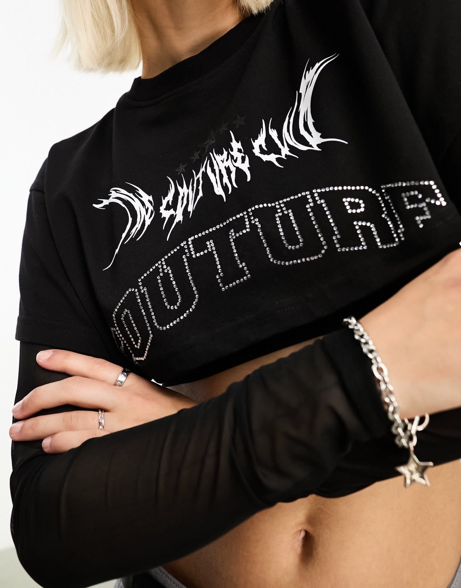 The Couture Club mesh layered crop t-shirt in black - ASOS Sample Sale EU Store