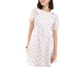 The Frolic exclusive bow shoulder puff sleeve tie back mini smock dress in cream ditsy floral