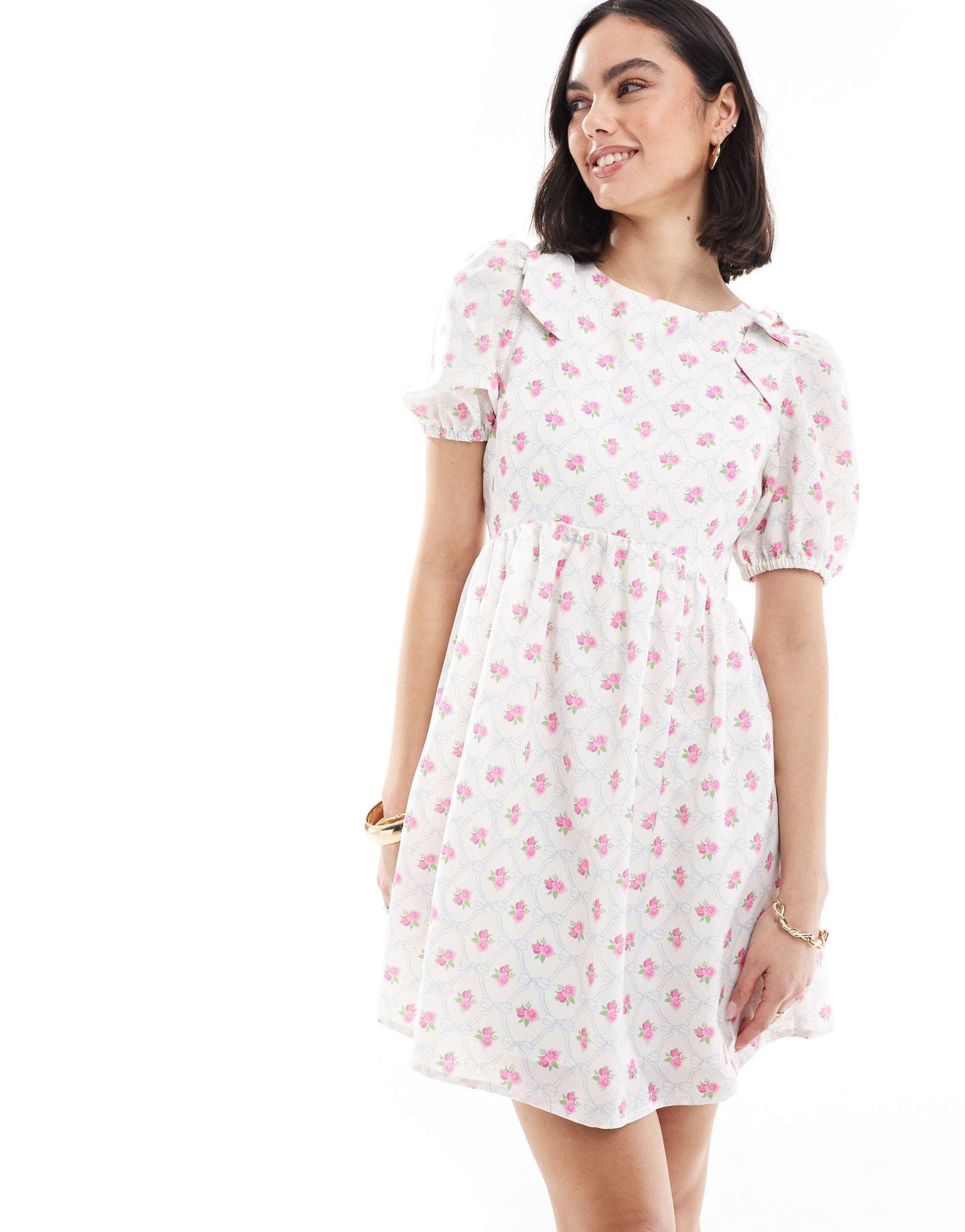 The Frolic exclusive bow shoulder puff sleeve tie back mini smock dress in cream ditsy floral - ASOS Sample Sale EU Store