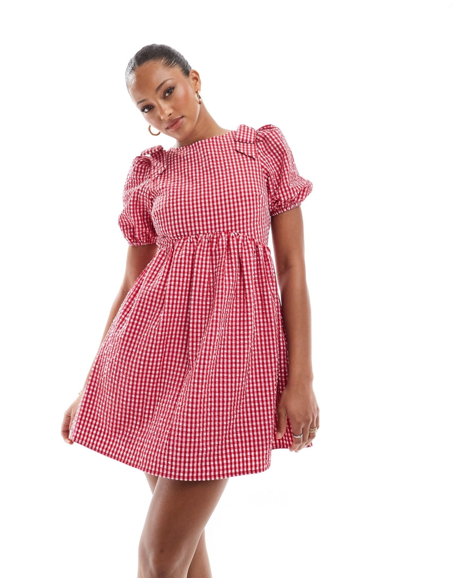 The Frolic exclusive bow shoulder puff sleeve tie back mini smock dress in red gingham - ASOS Sample Sale EU Store