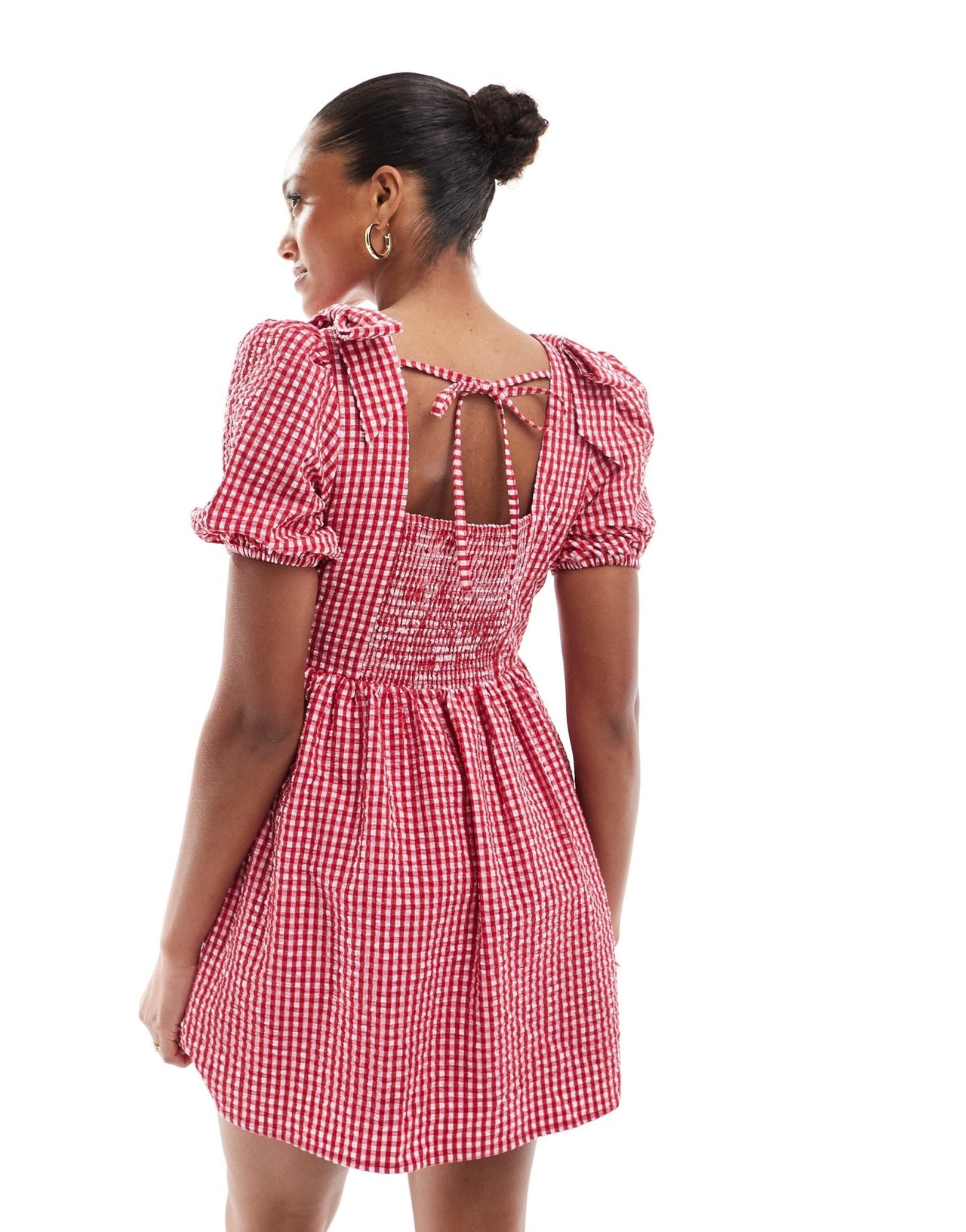 The Frolic exclusive bow shoulder puff sleeve tie back mini smock dress in red gingham - ASOS Sample Sale EU Store