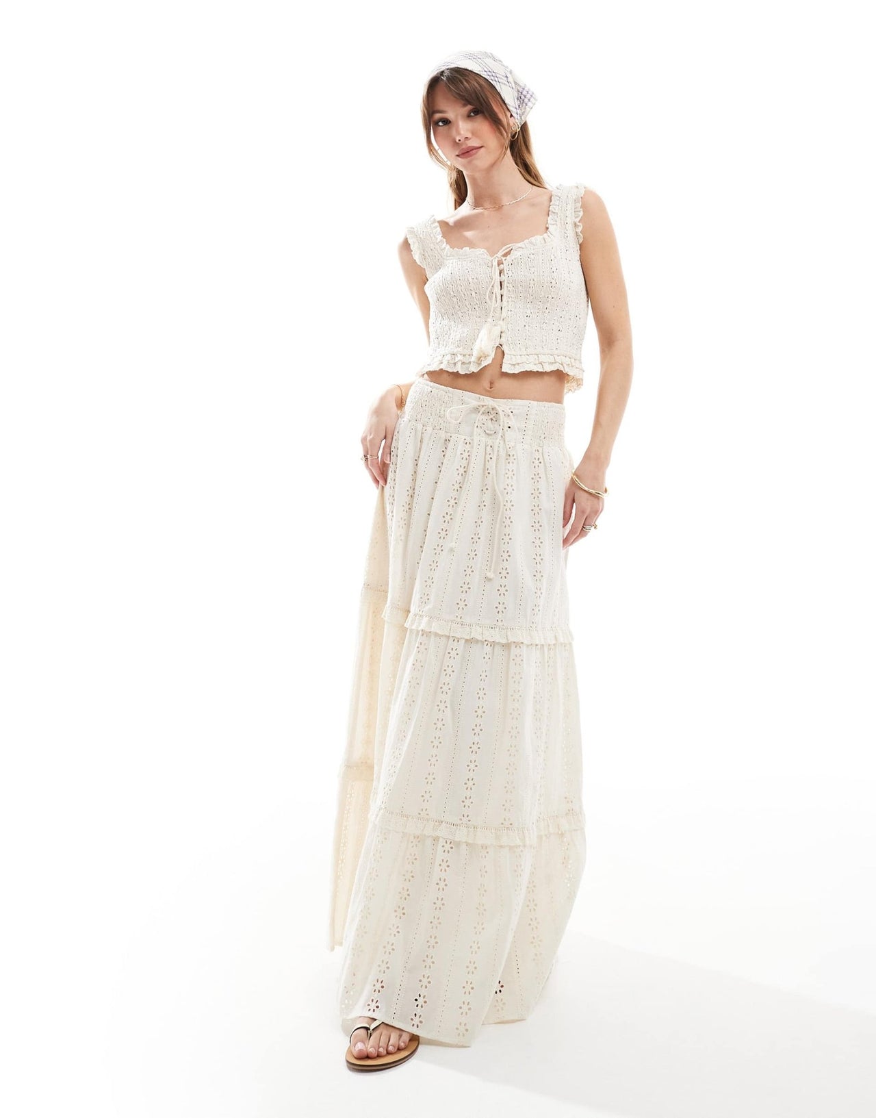 The Frolic exclusive broderie shirred tie tassel detail crop top co - ord in cream - ASOS Sample Sale EU Store
