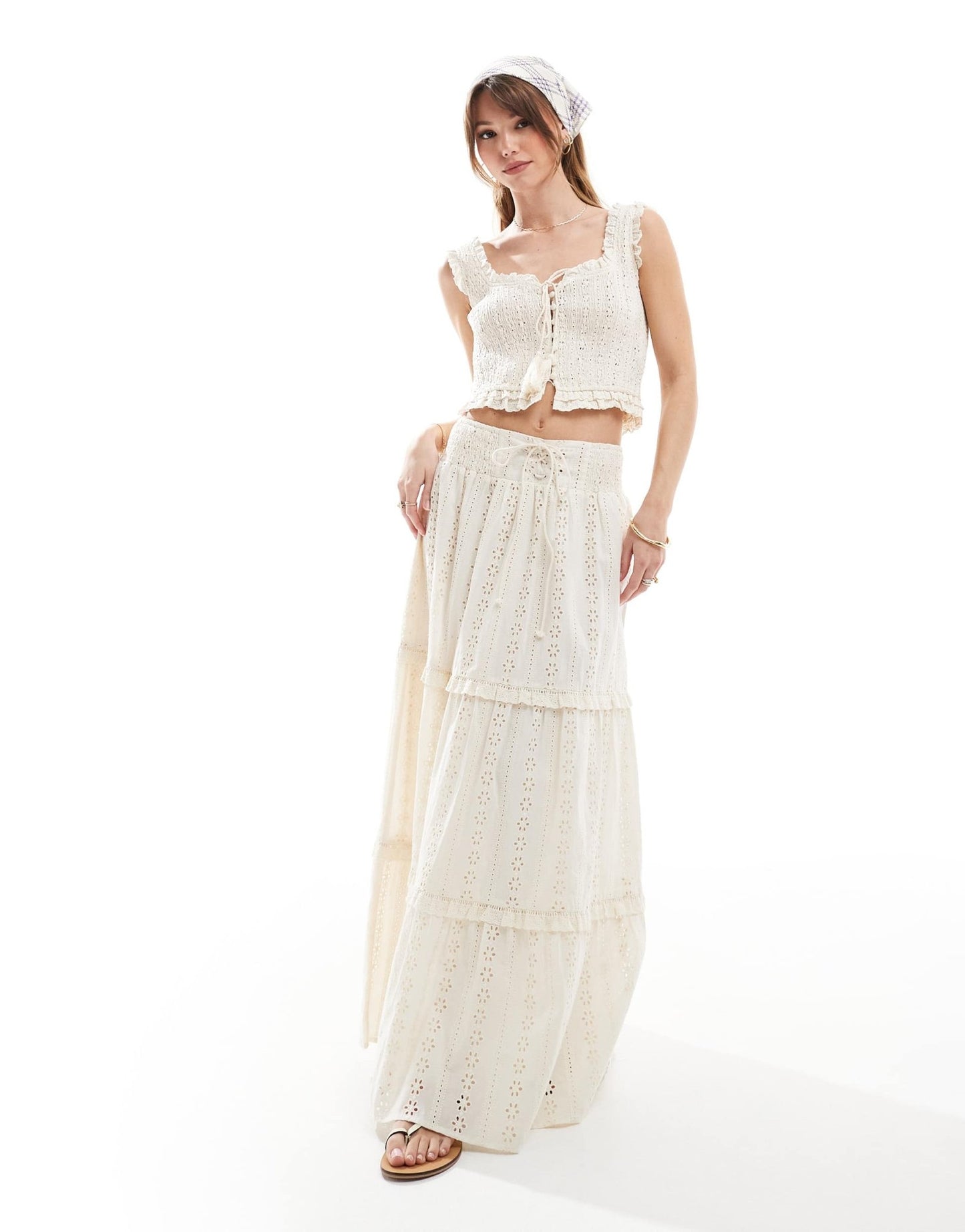 The Frolic exclusive broderie shirred tie tassel detail crop top co - ord in cream - ASOS Sample Sale EU Store