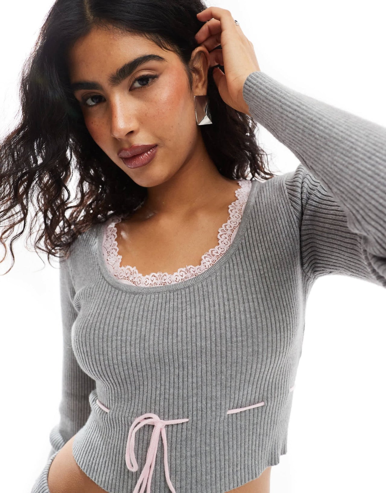 The Frolic exclusive cropped lace trim scoop neck tie detail jumper co - ord in grey - ASOS Sample Sale EU Store