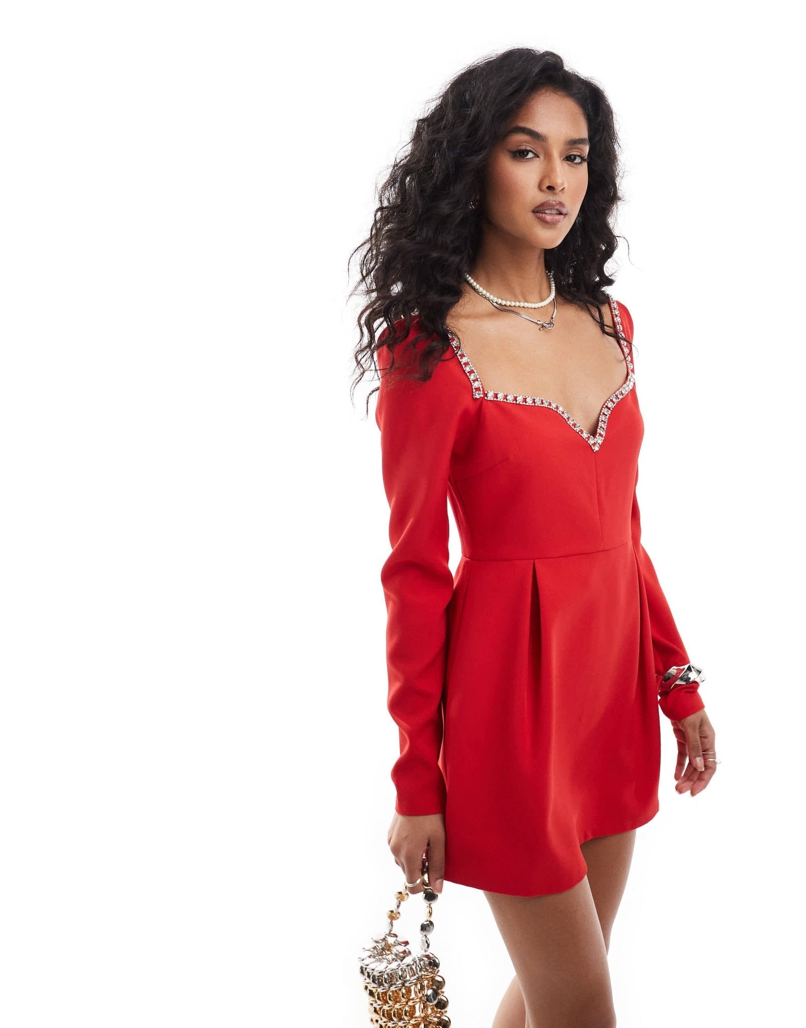 The Frolic exclusive diamante trim sweetheart neckline mini dress in red - ASOS Sample Sale EU Store