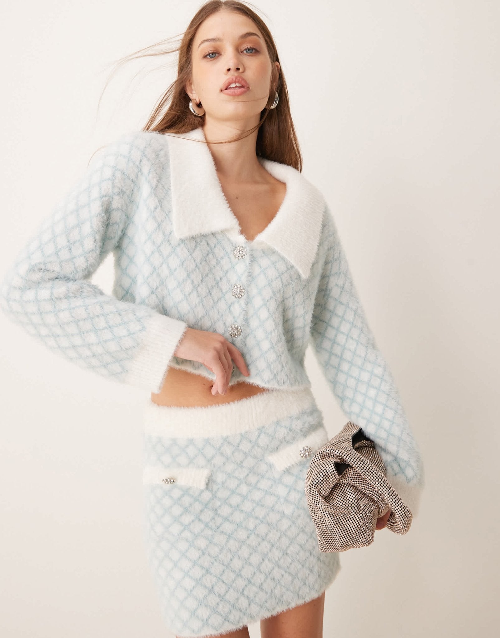 The Frolic exclusive fluffy diamante button through diamond stitch collar detail cardigan co - ord in blue - ASOS Sample Sale EU Store