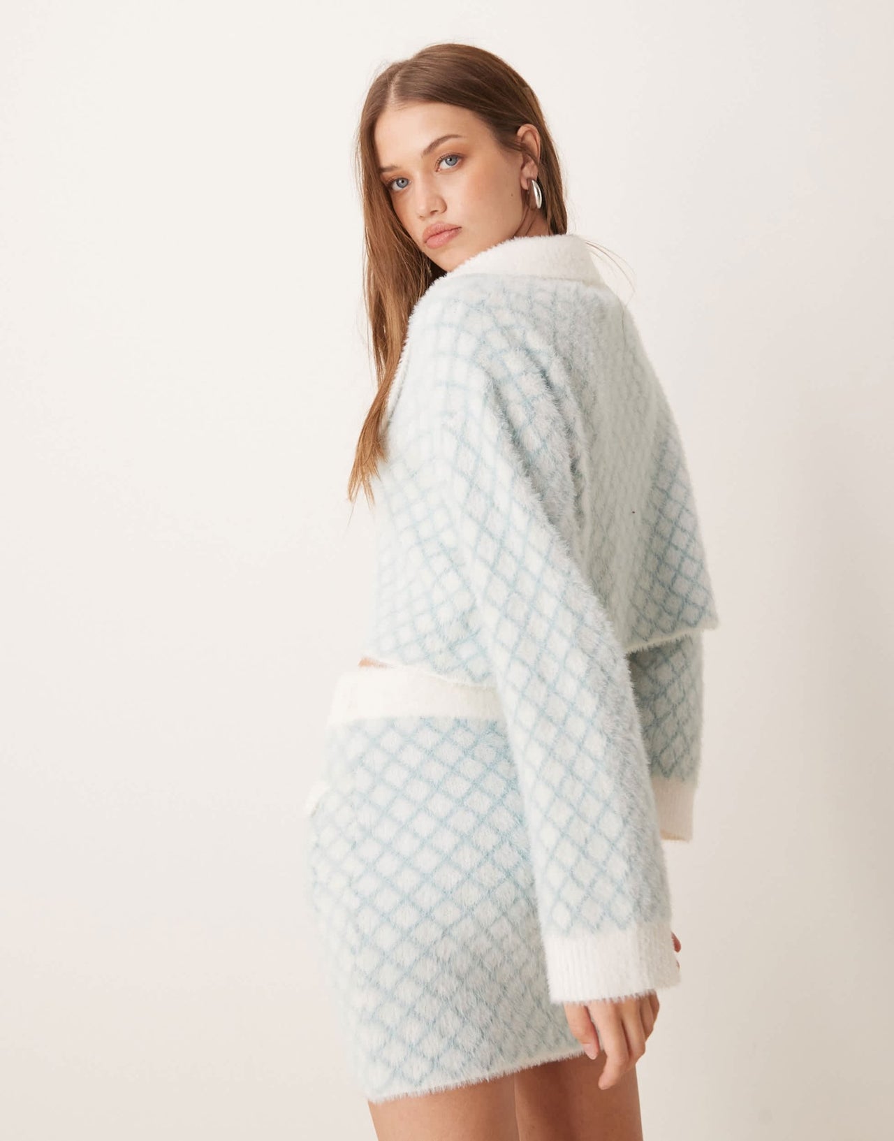 The Frolic exclusive fluffy diamante button through diamond stitch collar detail cardigan co - ord in blue - ASOS Sample Sale EU Store